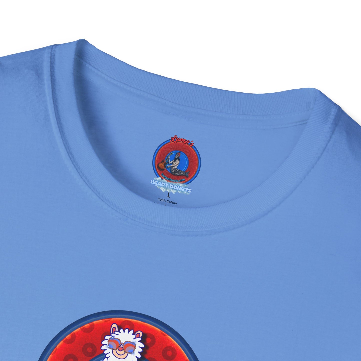 Classic Donut Tee - Unisex Soft-Style - "Medium Paced Llama Donut" - red/blue widemouthed paradox donut