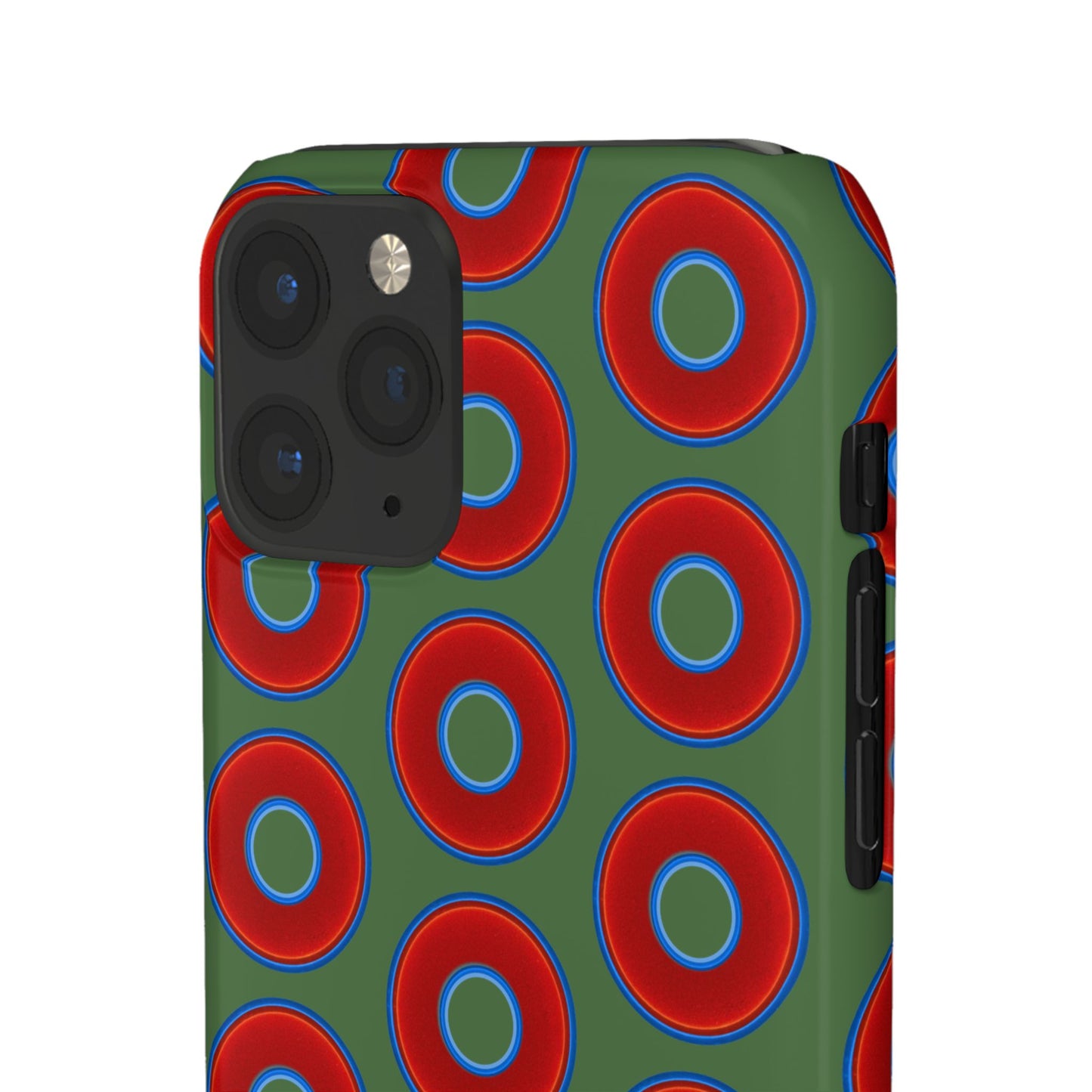 Lumpy Donut Snap Case - red vivid donut print w/dark green background