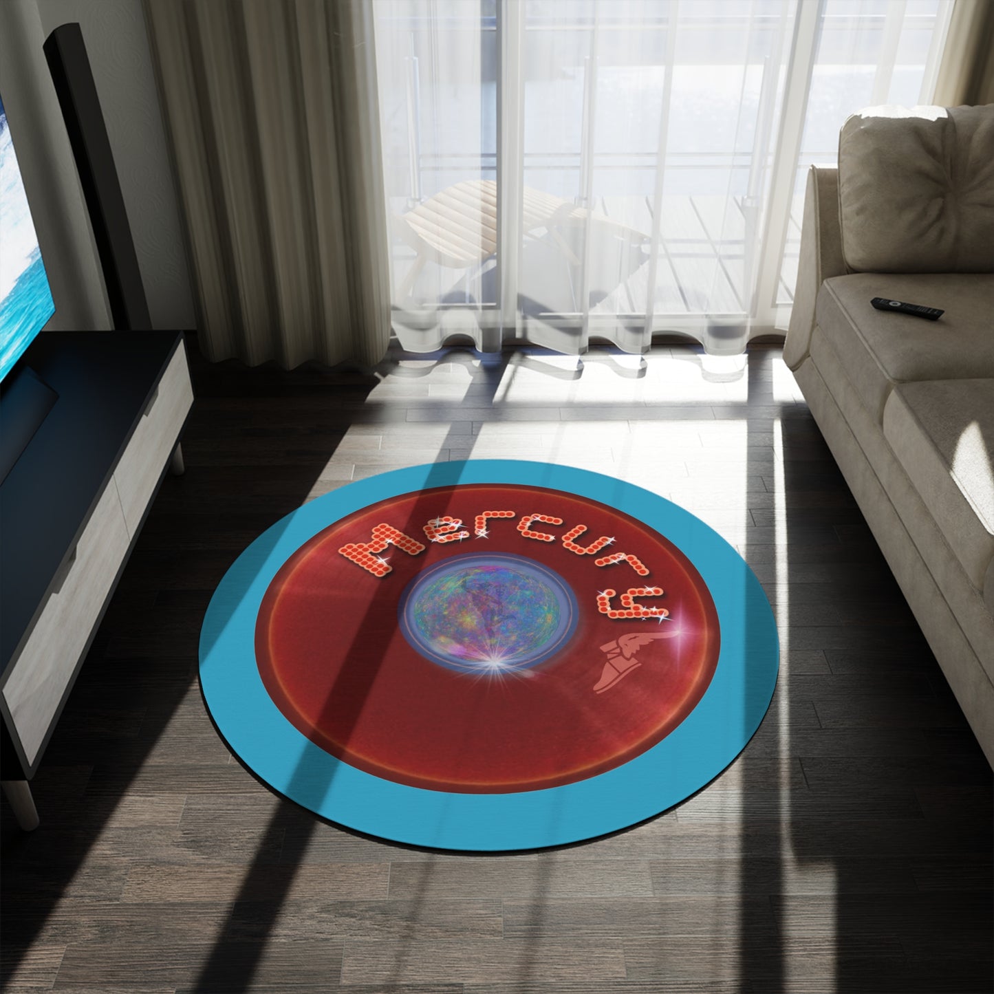 Round Room - 5 ft x 5 ft Lumpy Donut Rug - "Donut Rug of the Gods" - vivid red donut w/turquoise background - variant 2