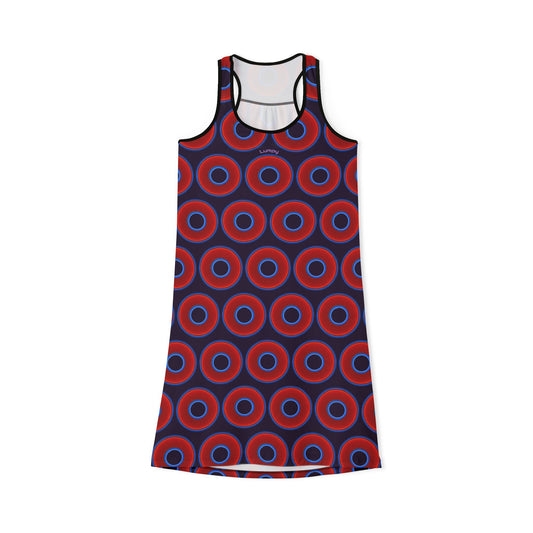 Tela's Lumpy Racerback Donut Dress - red vivid donut print w/midnight purple background