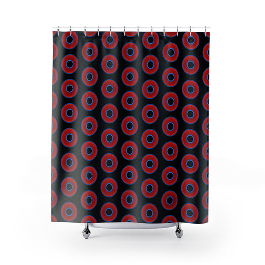 The Curtain With "Donuts" - Lumpy Bath Time Fun - vivid red donuts w/black background