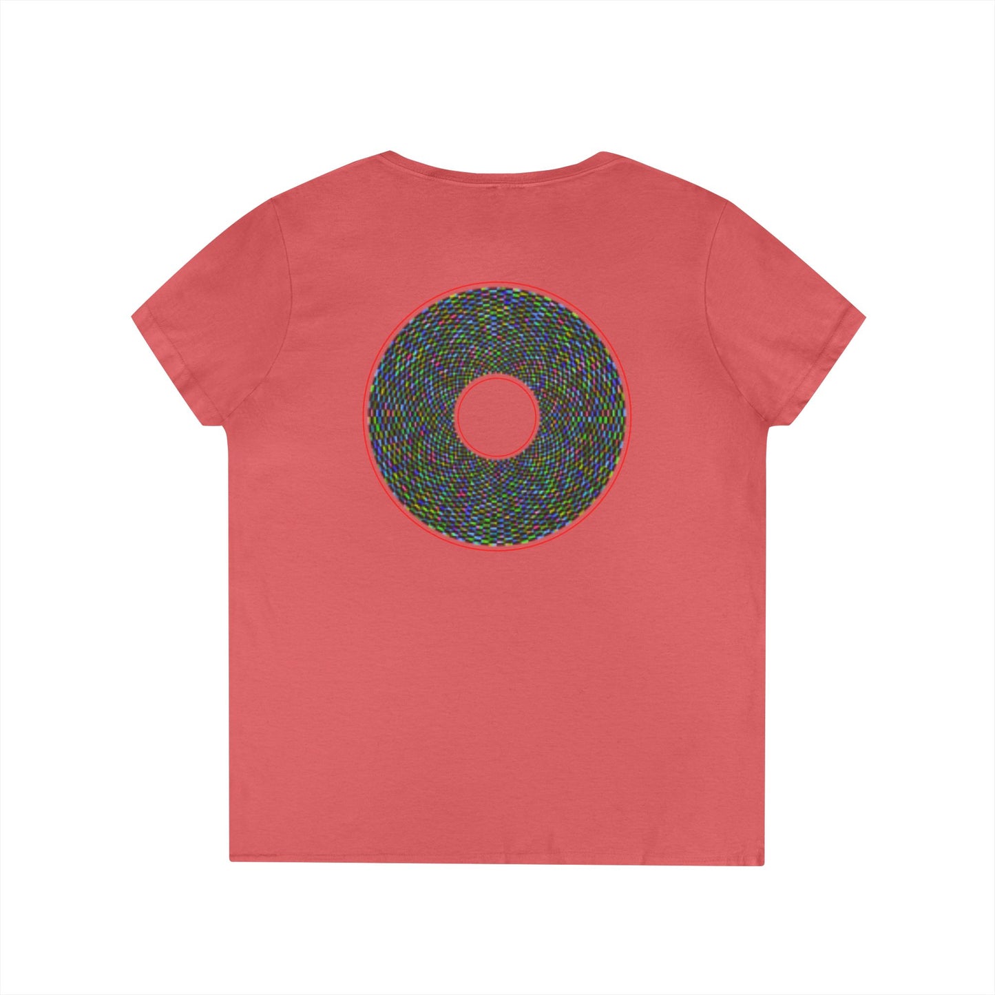 Women's Donut V-Neck Tee - "The Pixilated Donut" - multicolor pixel donut w/wide red outline