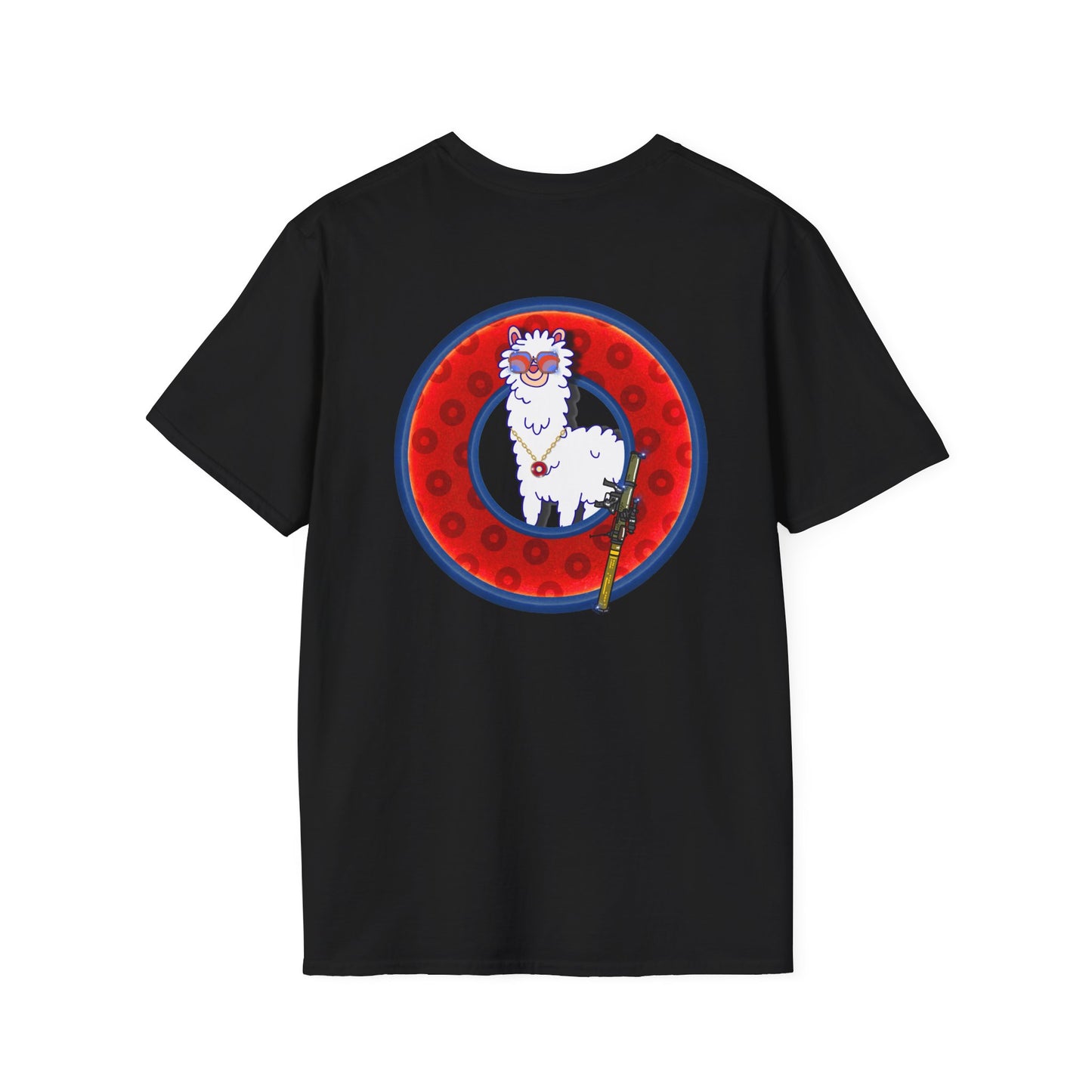 Classic Donut Tee - Unisex Soft-Style - "Medium Paced Llama Donut" - red/blue widemouthed paradox donut