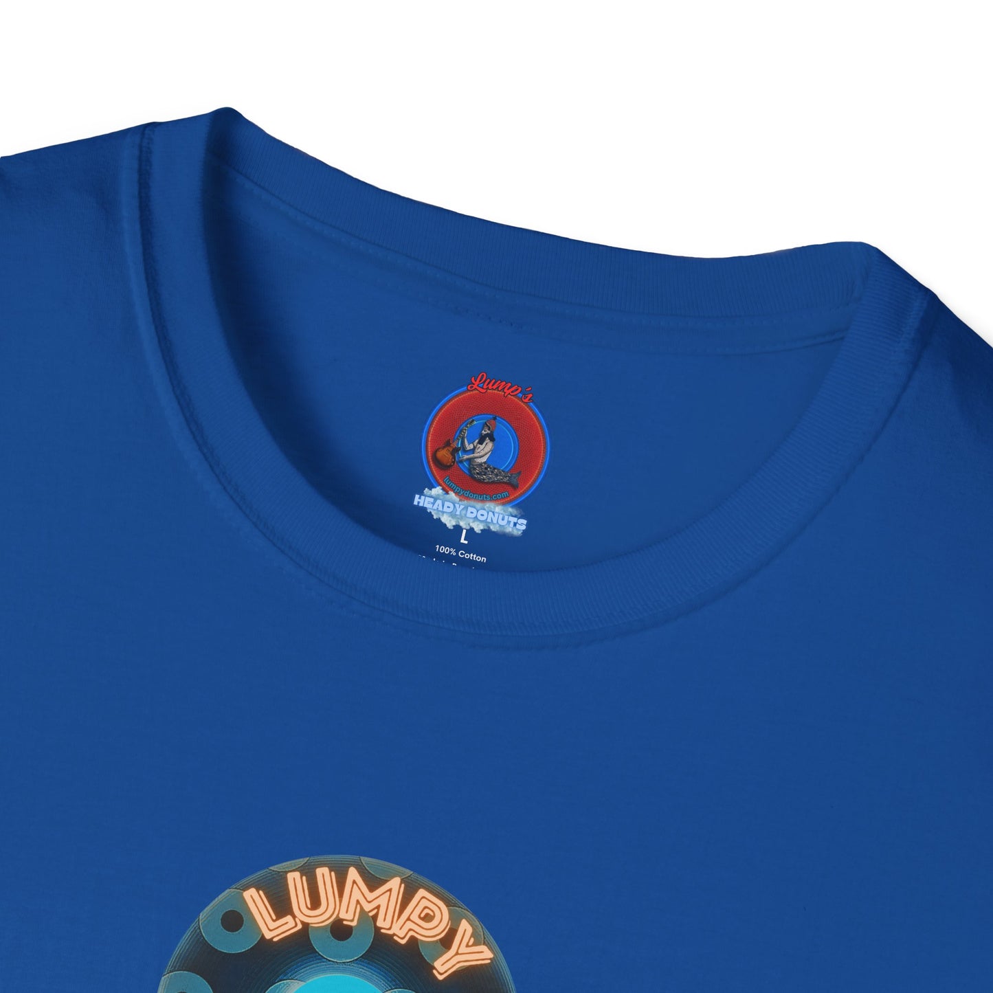 Coffee Traders Tee - Unisex Soft-Style - "Tasty Coffee" - paradoxical donut/cubed blue donut - variant 2 - logo front/It's Ice Cube's back