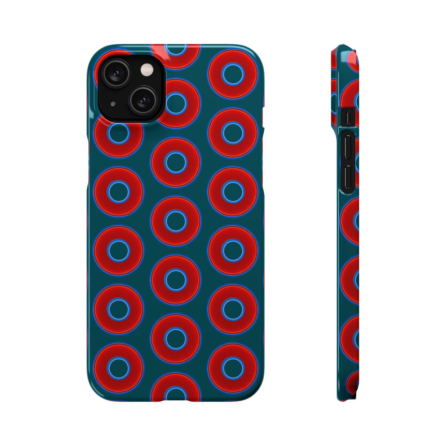 Lumpy Donut Snap Case - red vivid donut print w/midnight teal green background