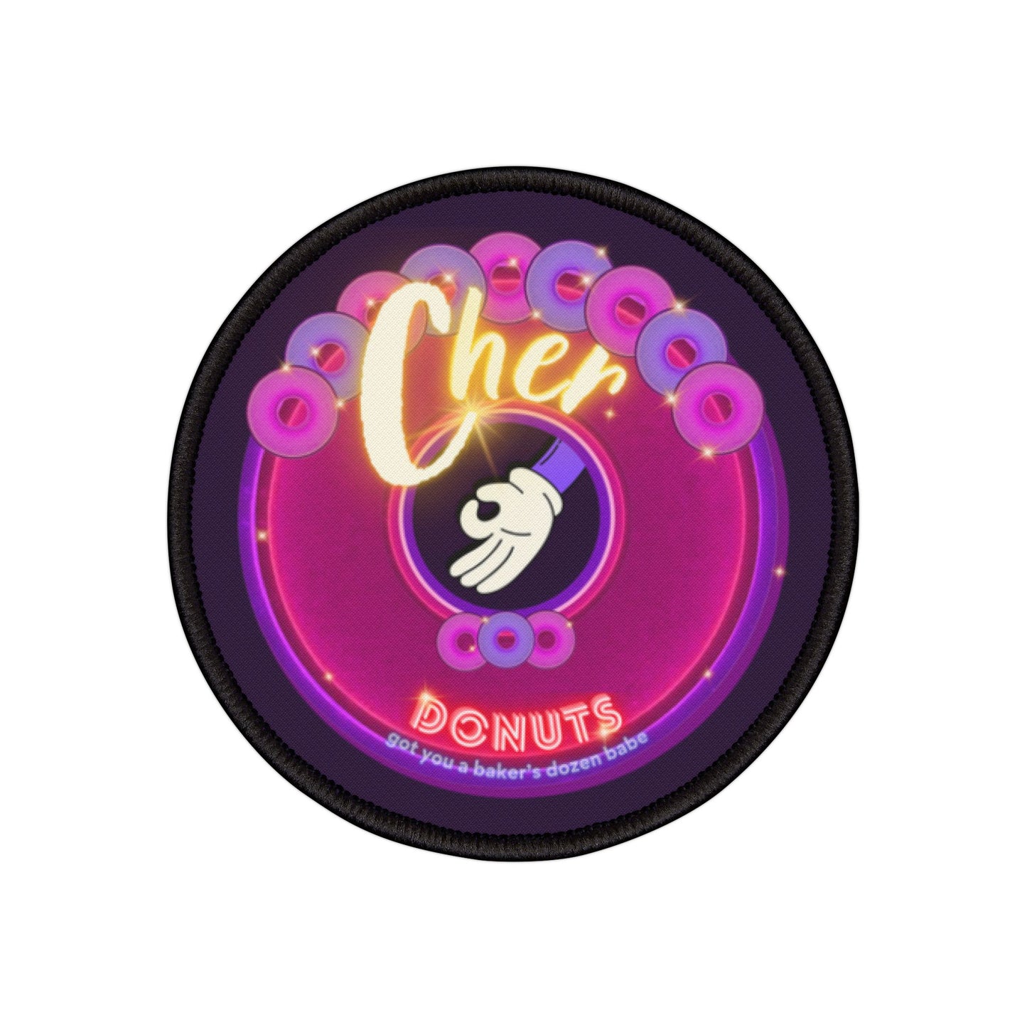 Iron-On Donut Patch - "Cher-ing is Caring Donut Patch" - vivid magenta/purple donut - variant 2 - [*Charitable Donut]