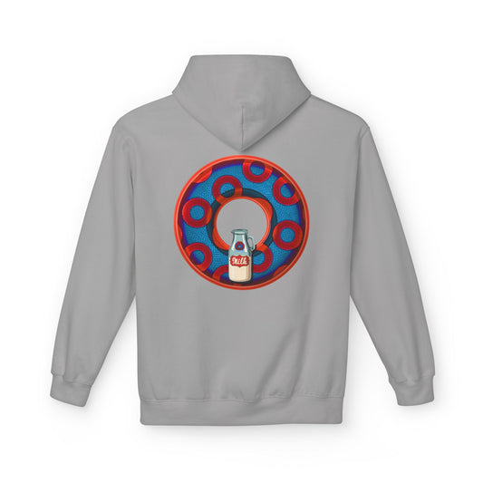 Fleece Harry Hoodies [Midweight Soft-style] - "Wooked Cream Dairy - YEMSG Donut" - blue/red rustic paradox donut - variant 1