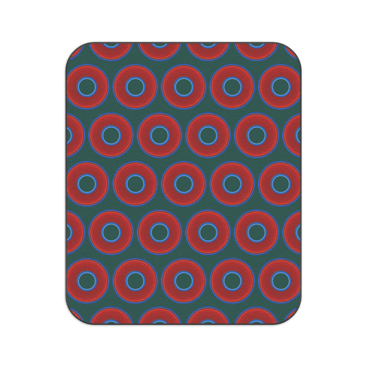 The Lumpy Party Blanket - giant water-resistant outdoor blanket [61" x 51"] - vivid red donuts w/dark Fenway green background