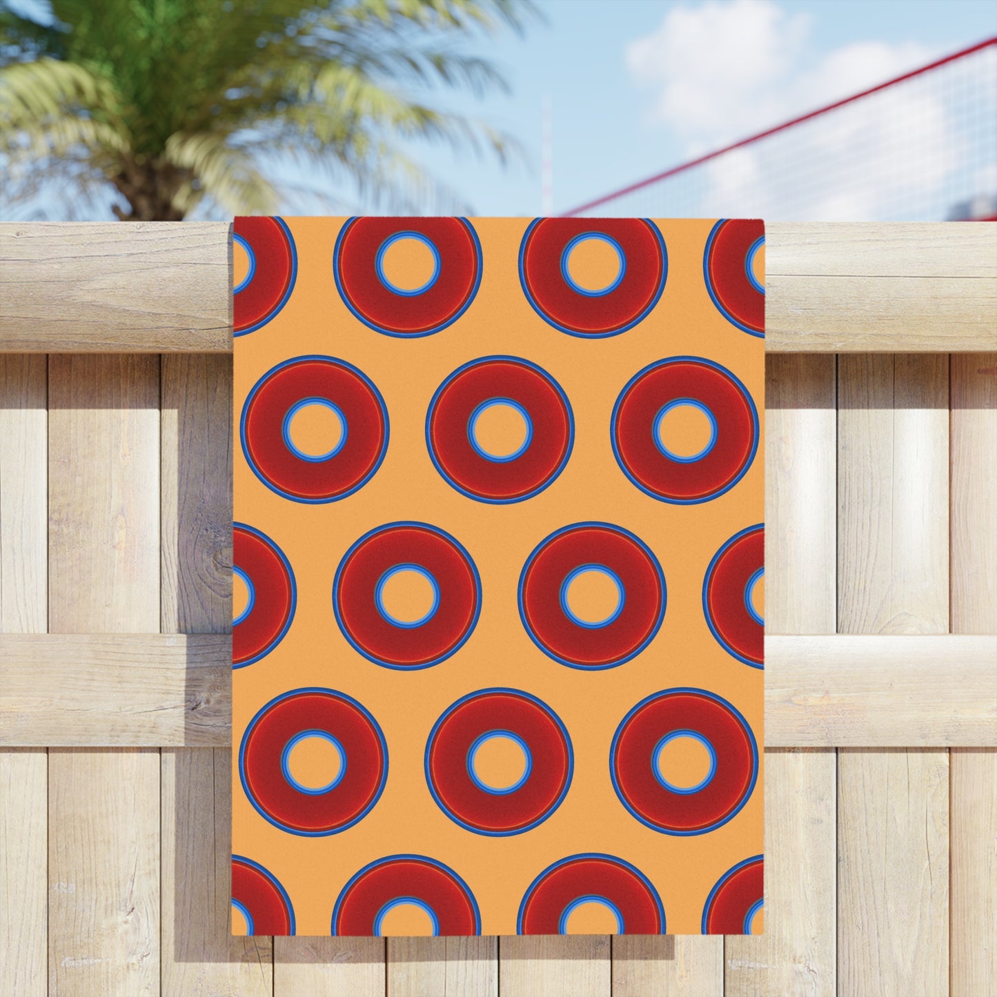 Lumpy Donut Towels - vivid red donuts w/creamsicle orange background