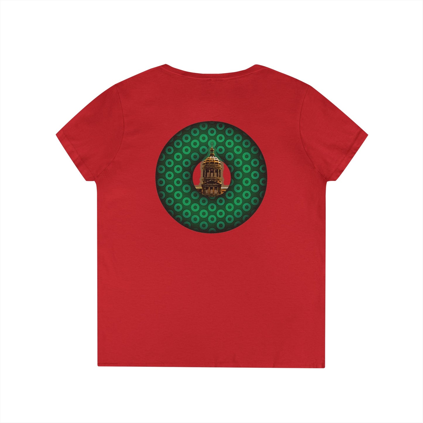 Women's Donut V-Neck Tee - "Save the Mondegreen City Hall Clock Tower" - variant 2 - green/green paradox donut w/