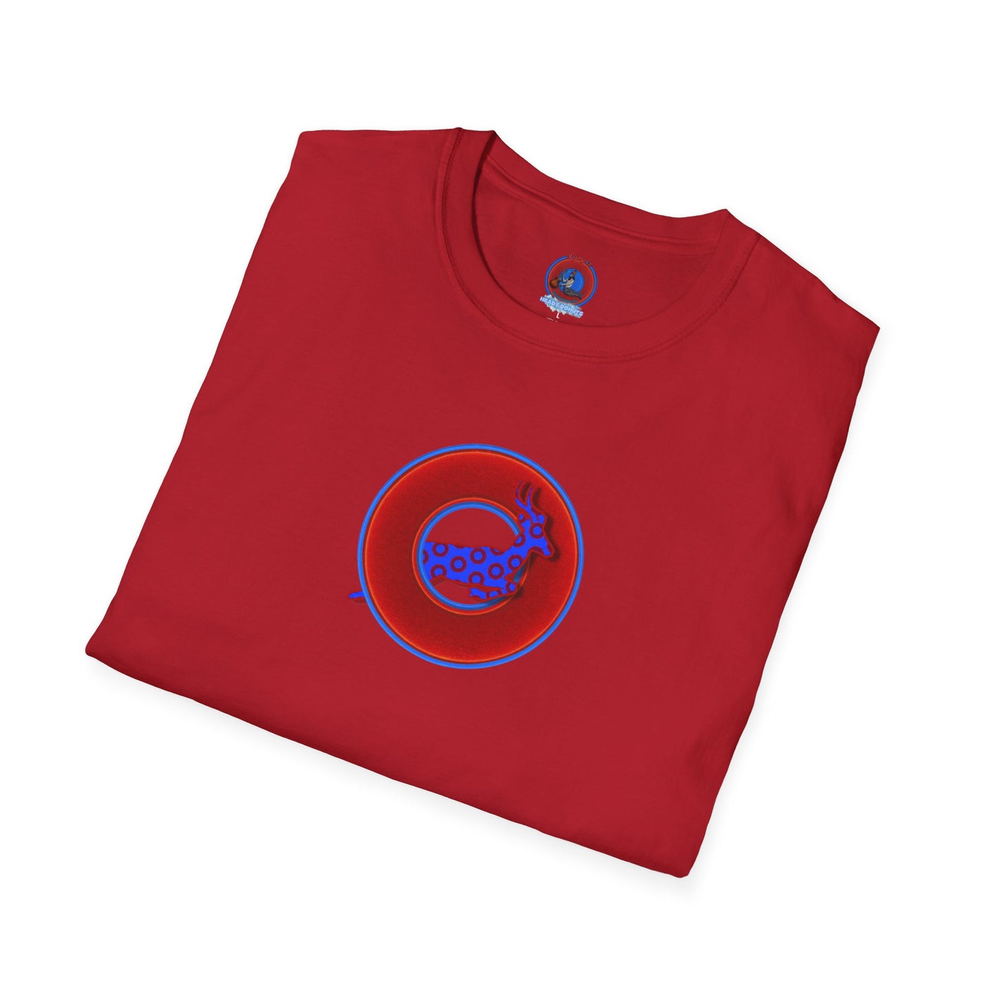 Classic Donut Tee - Unisex Soft-Style - "Out of Control Donut" - vivid red donut - variant 2 "jumping on through"