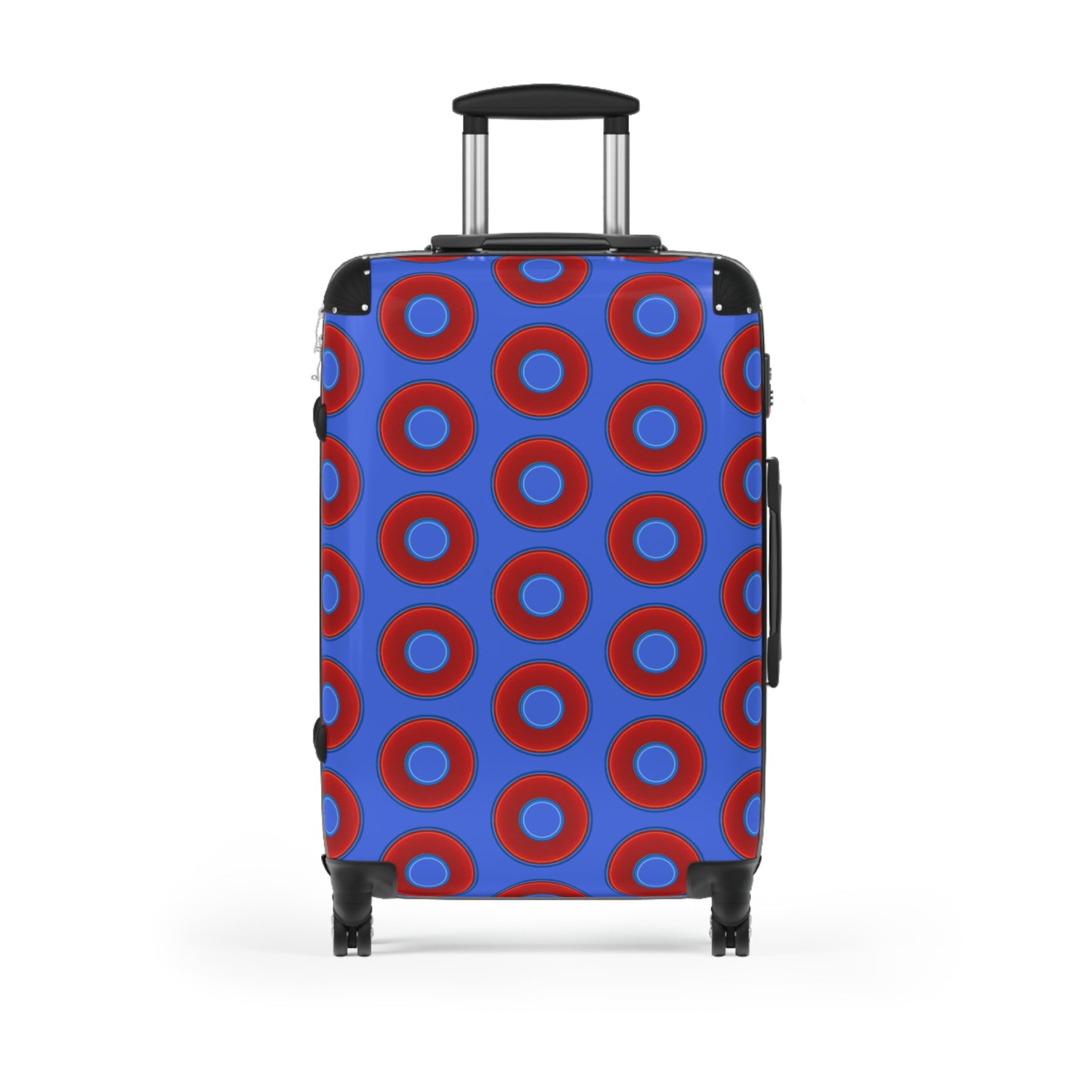 The Very Lumpy Donut Suitcase series - your choice of S, M or L - vivid red donut print w/royal blue background