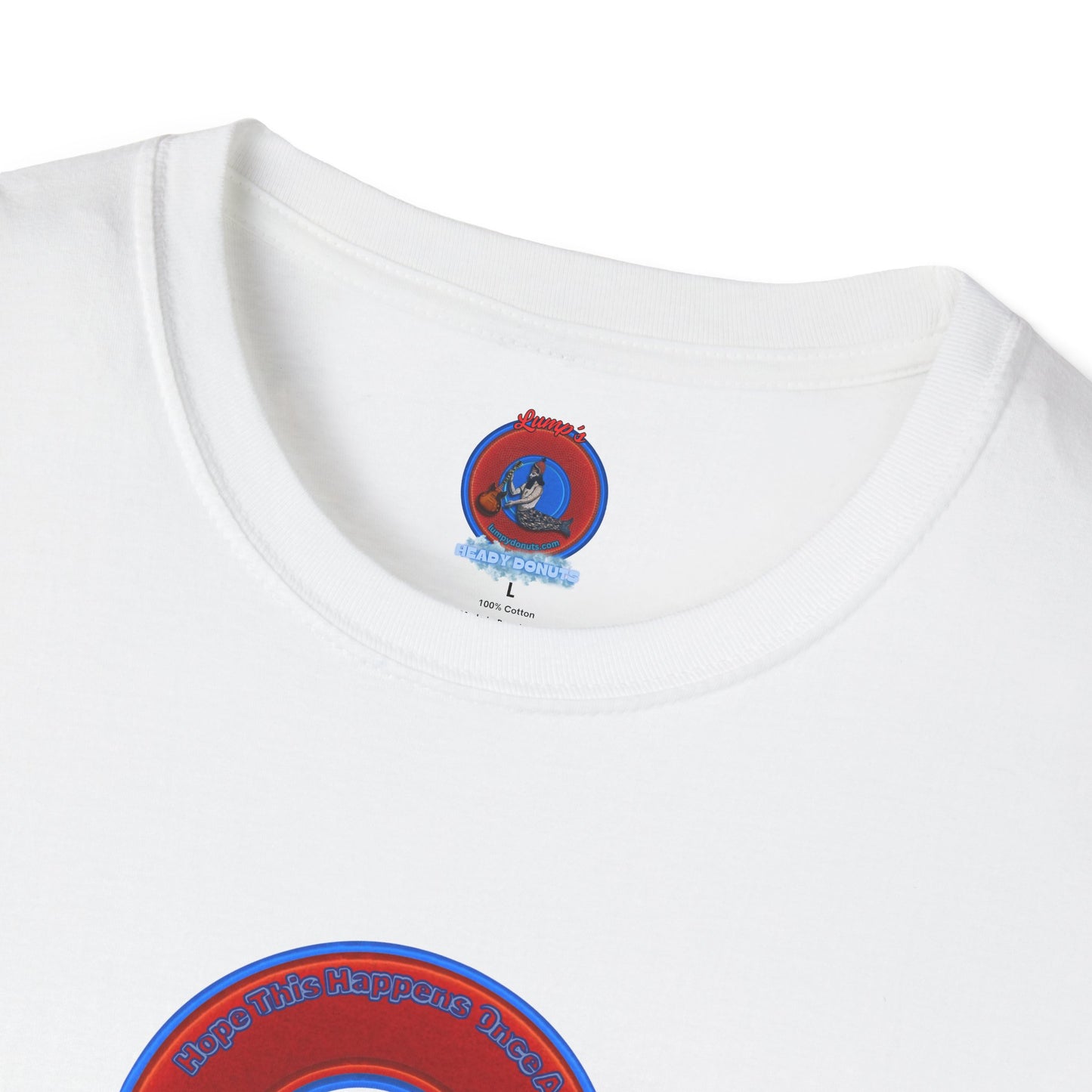 Classic Donut Tee - Unisex Soft-Style - "Guyute's Ugly Donut" - vivid red/blue donut - variant 2
