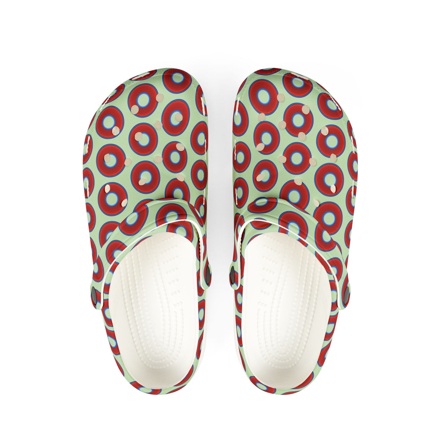 Spatchcocks - donut slip-on shoes - vivid red donuts w/seafoam green background [unisex]