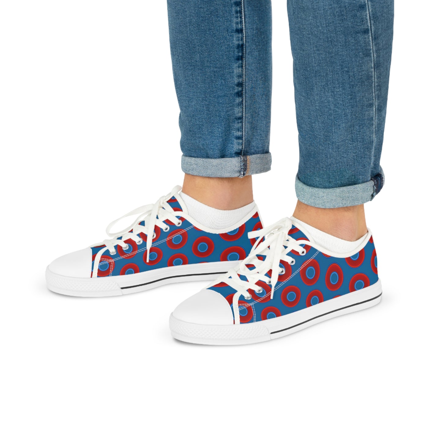 Men's - Low Top Chuck Taylors - large vivid red donut print w/wavy navy blue background