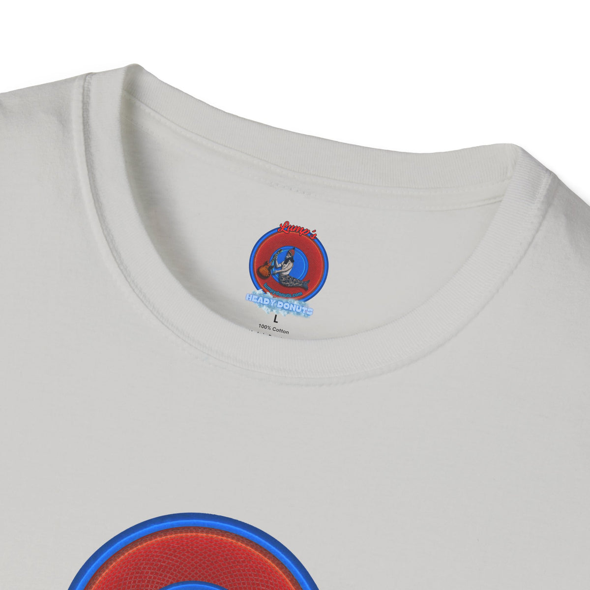 Classic Donut Tee - Unisex Soft-Style - "The Story of the Donut - a Ghostly Good Time" - red/blue rustic donut - variant 1