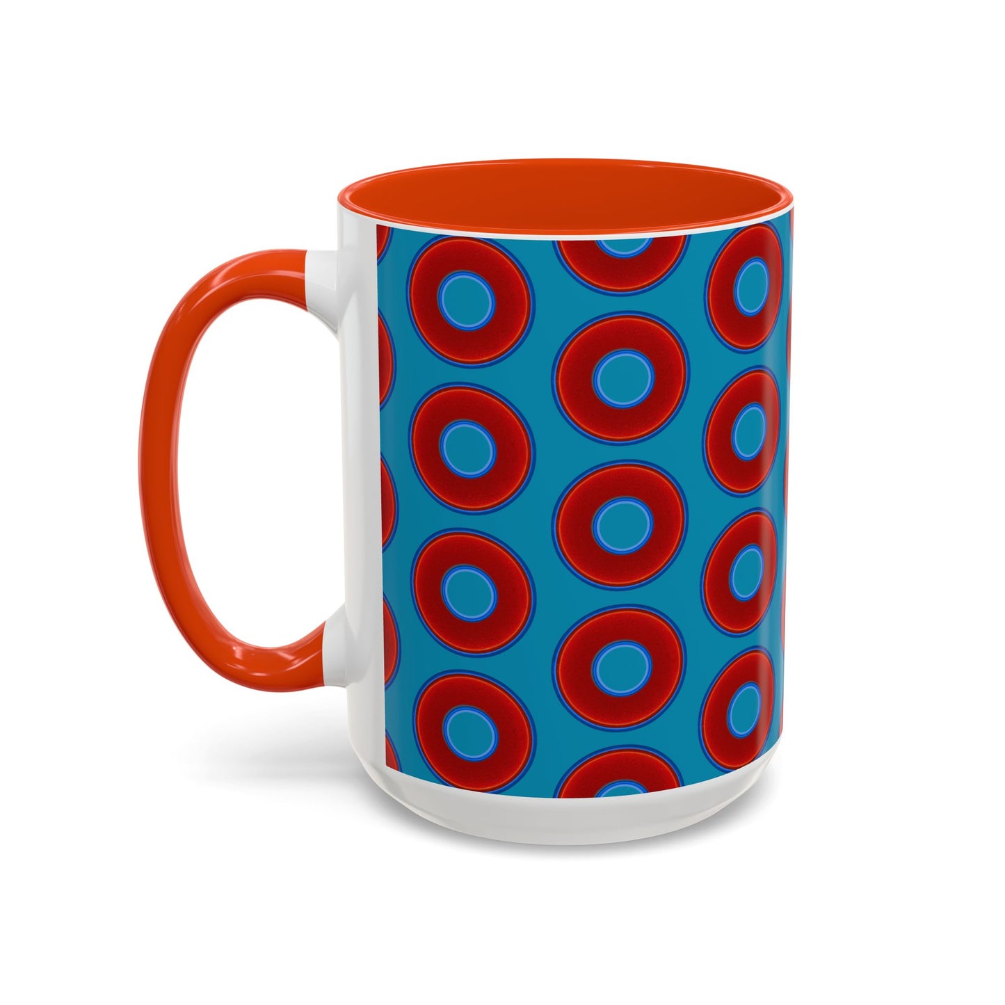 Lump's Grumpy Coffee Mug - vivid red donuts w/aquamarine blue background
