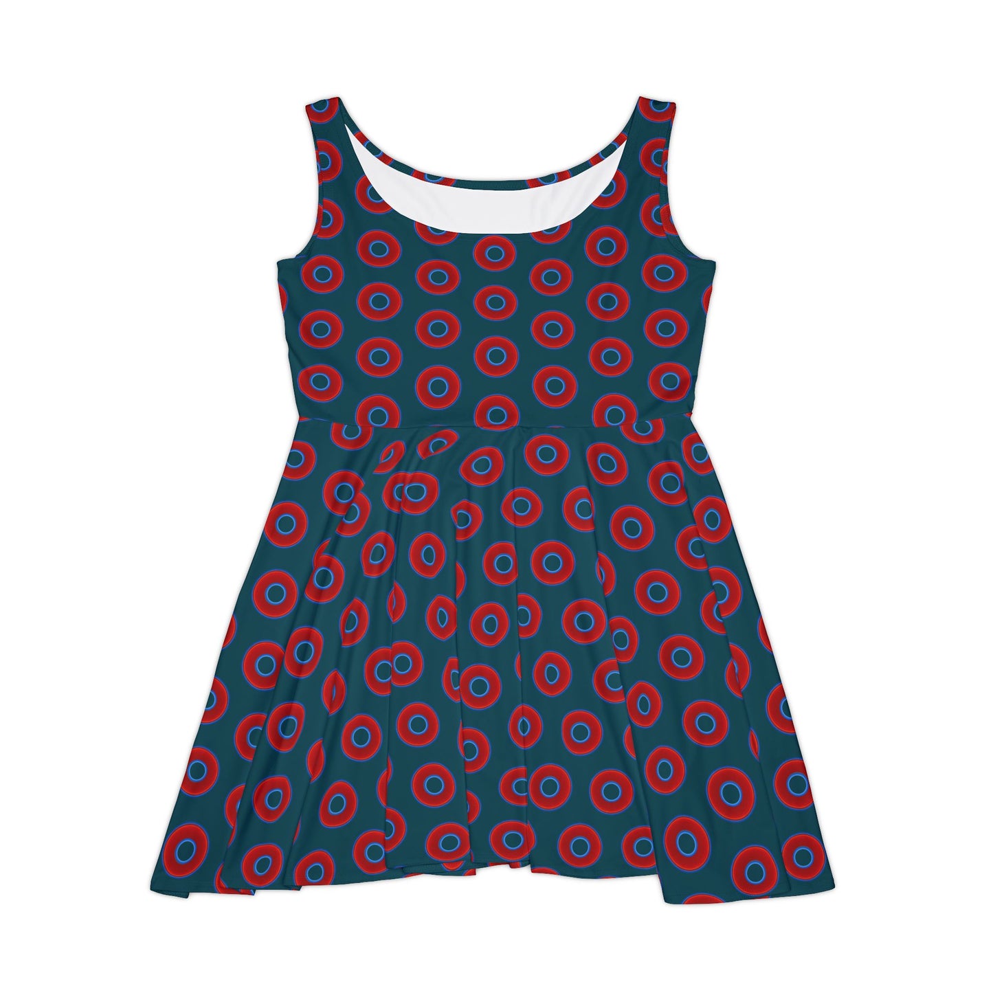 Women's Skater Donut Dress - vivid red donut print w/midnight teal green background