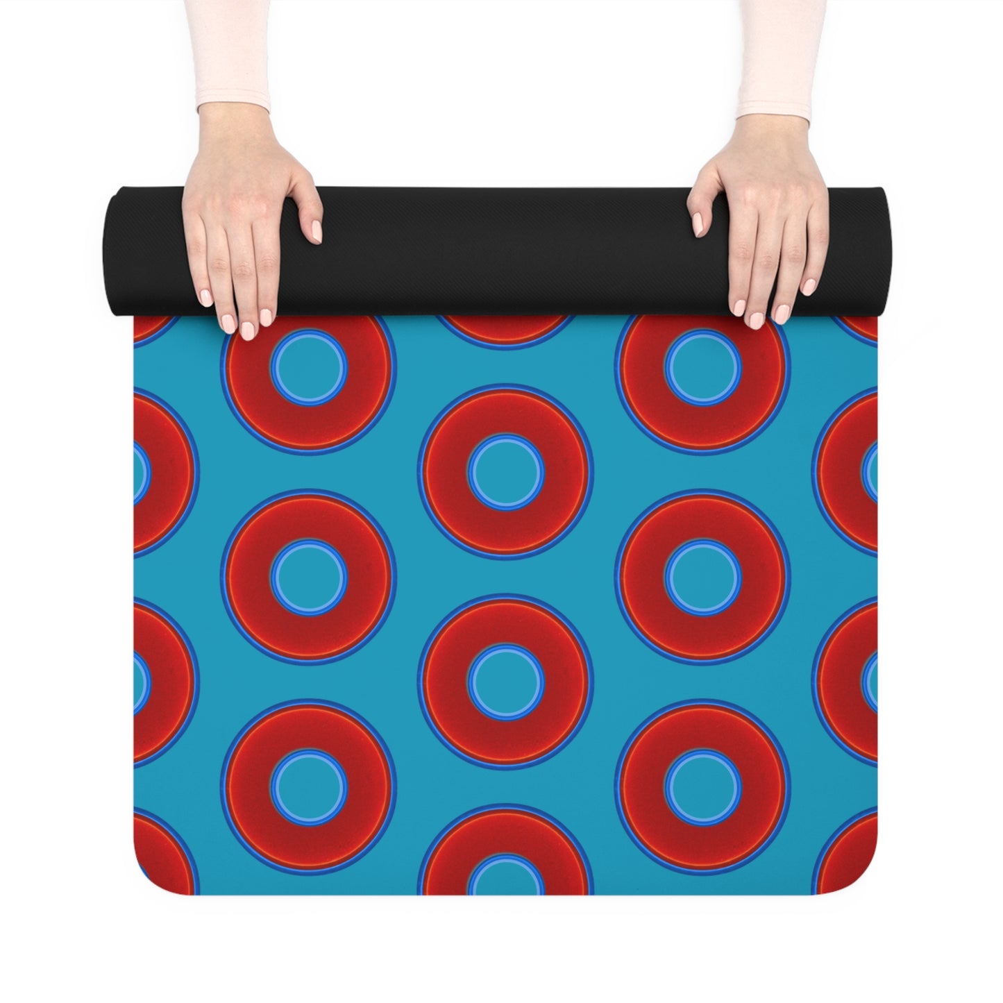 Lumpy Donut Yoga Mat :) - 24″ x 70" - vivid red donut print w/aquamarine blue background
