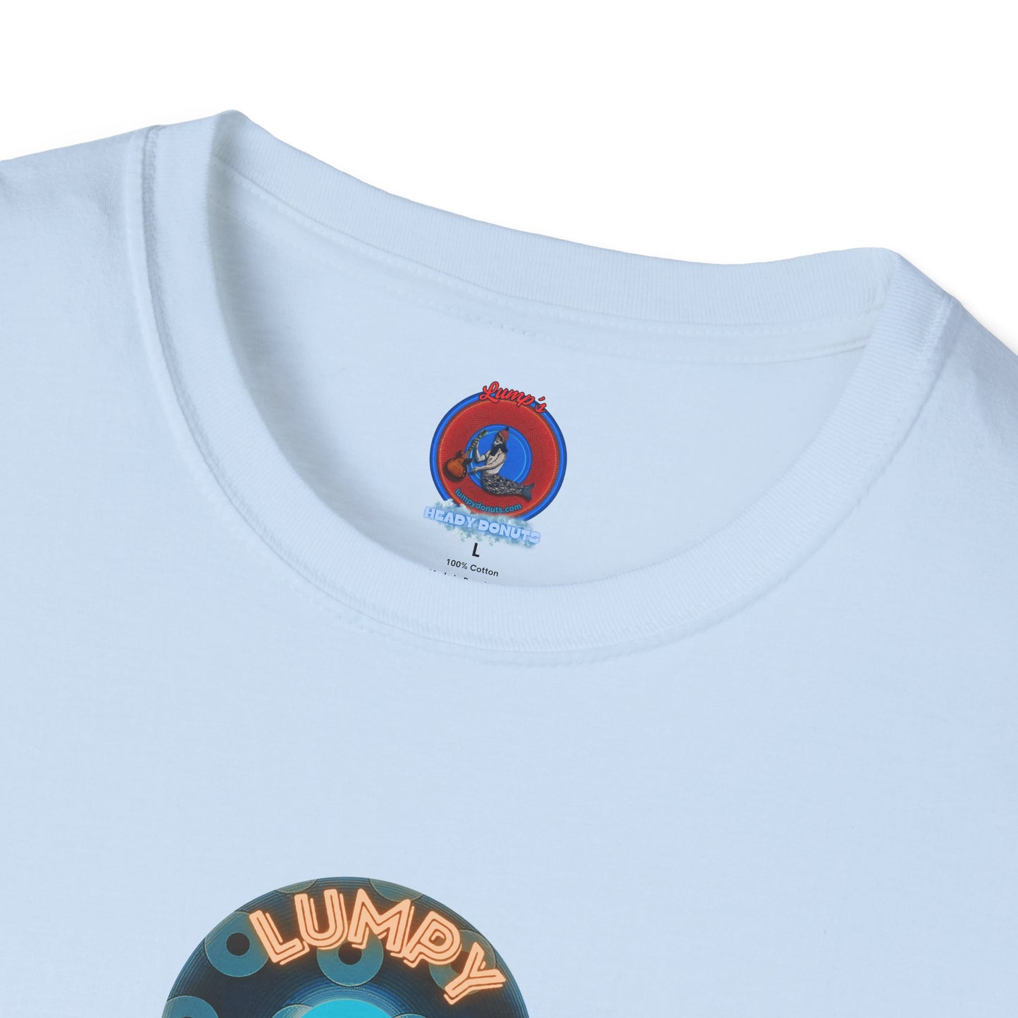 Coffee Traders Tee - Unisex Soft-Style - "Tasty Coffee" - paradoxical donut/cubed blue donut - variant 2 - logo front/It's Ice Cube's back