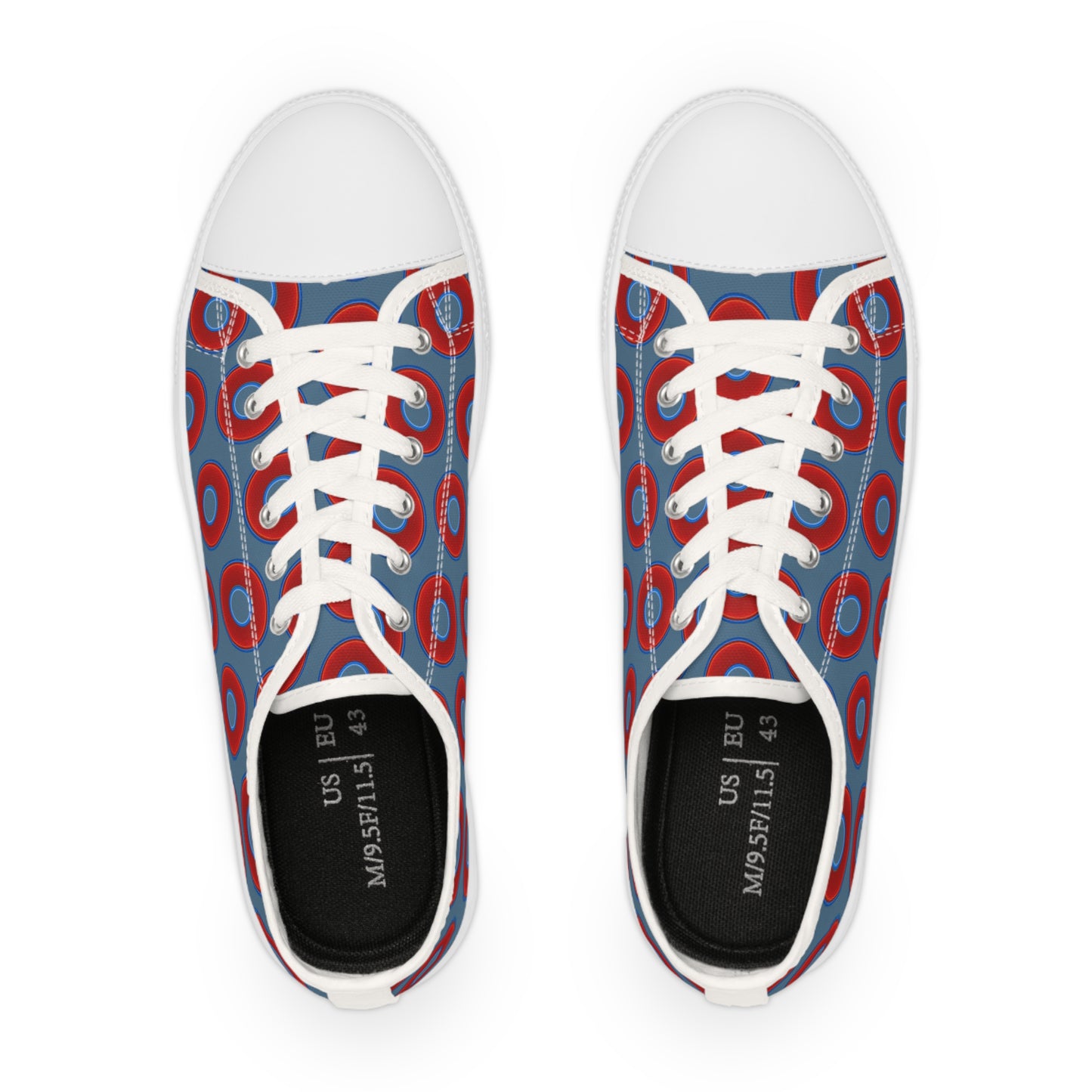 Men's - Low Top Chuck Taylors - large vivid red donut print w/steel blue background