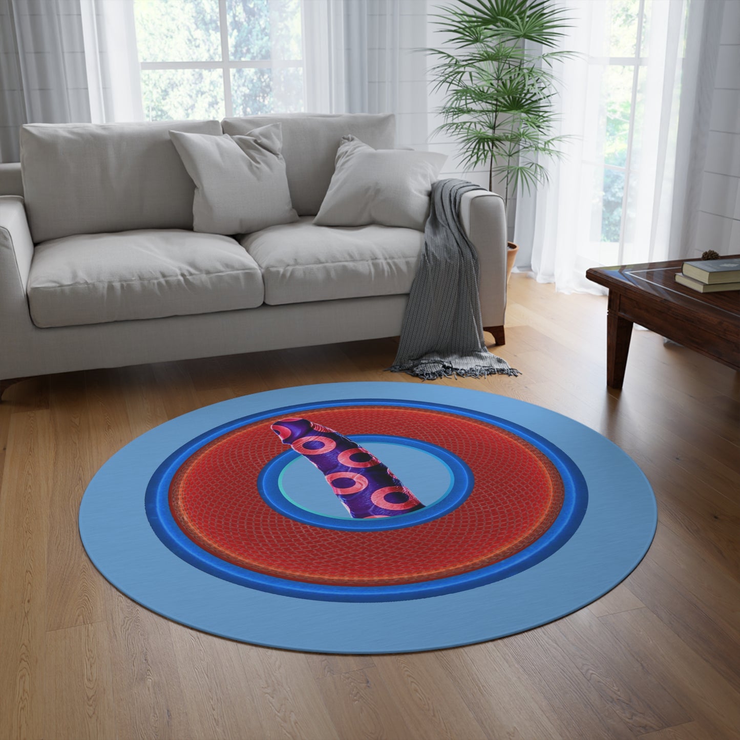 Round Room - 5 ft x 5 ft Lumpy Donut Rug - "Sir Richard's Phamous Donut Rug" - rustic red/blue donut w/light blue background - variant 1