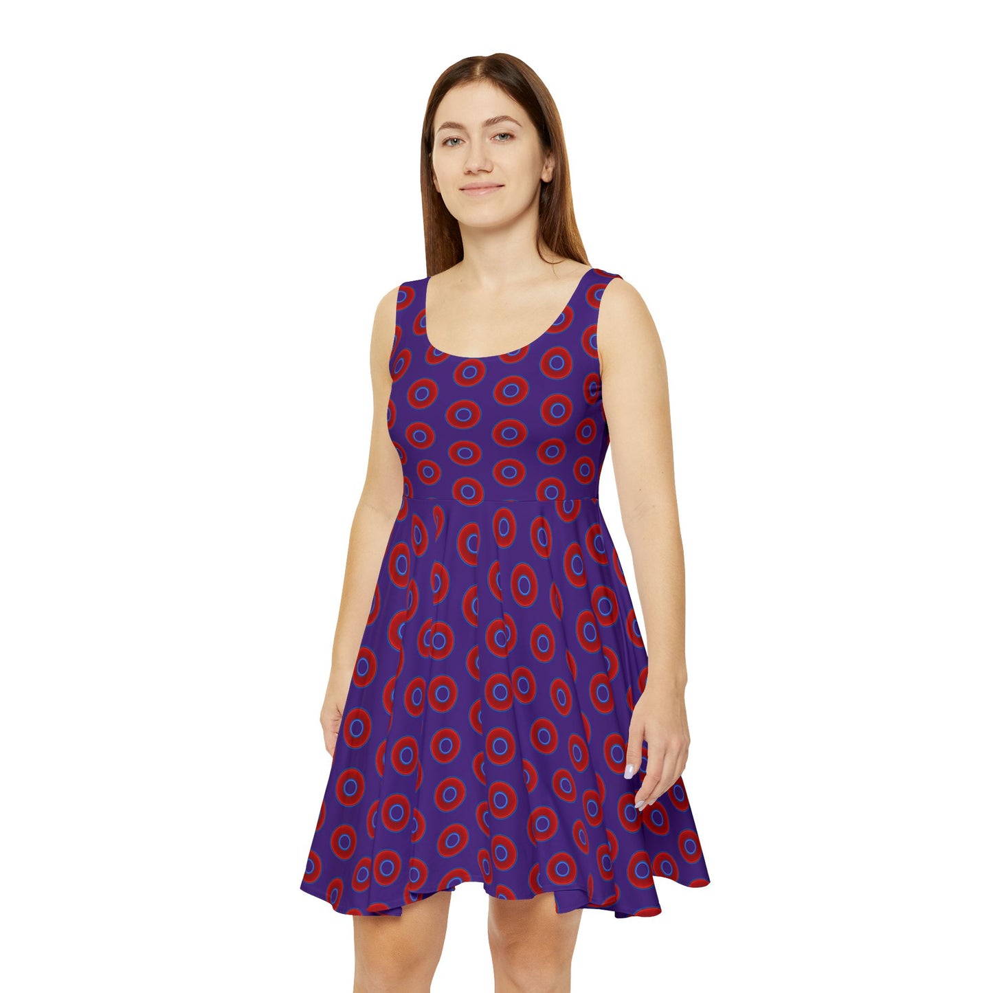 Women's Skater Donut Dress - vivid red donut print w/purple background