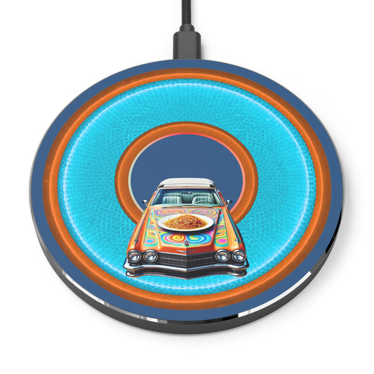 The Flow - Wireless Lumpy Donut Chargers - "Cadillac Rainbows & Charging on the Run" - rustic light blue/orange donut w/light navy background - variant 3