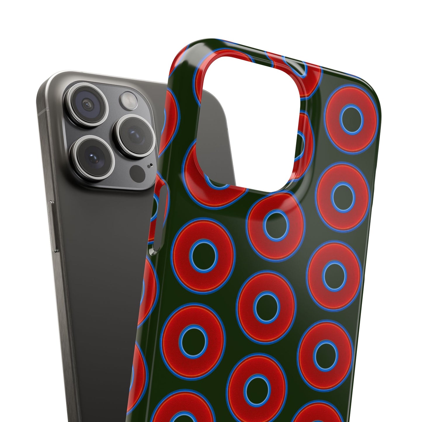 Lumpy Donut Snap Case - red vivid donut print w/deep forest green background