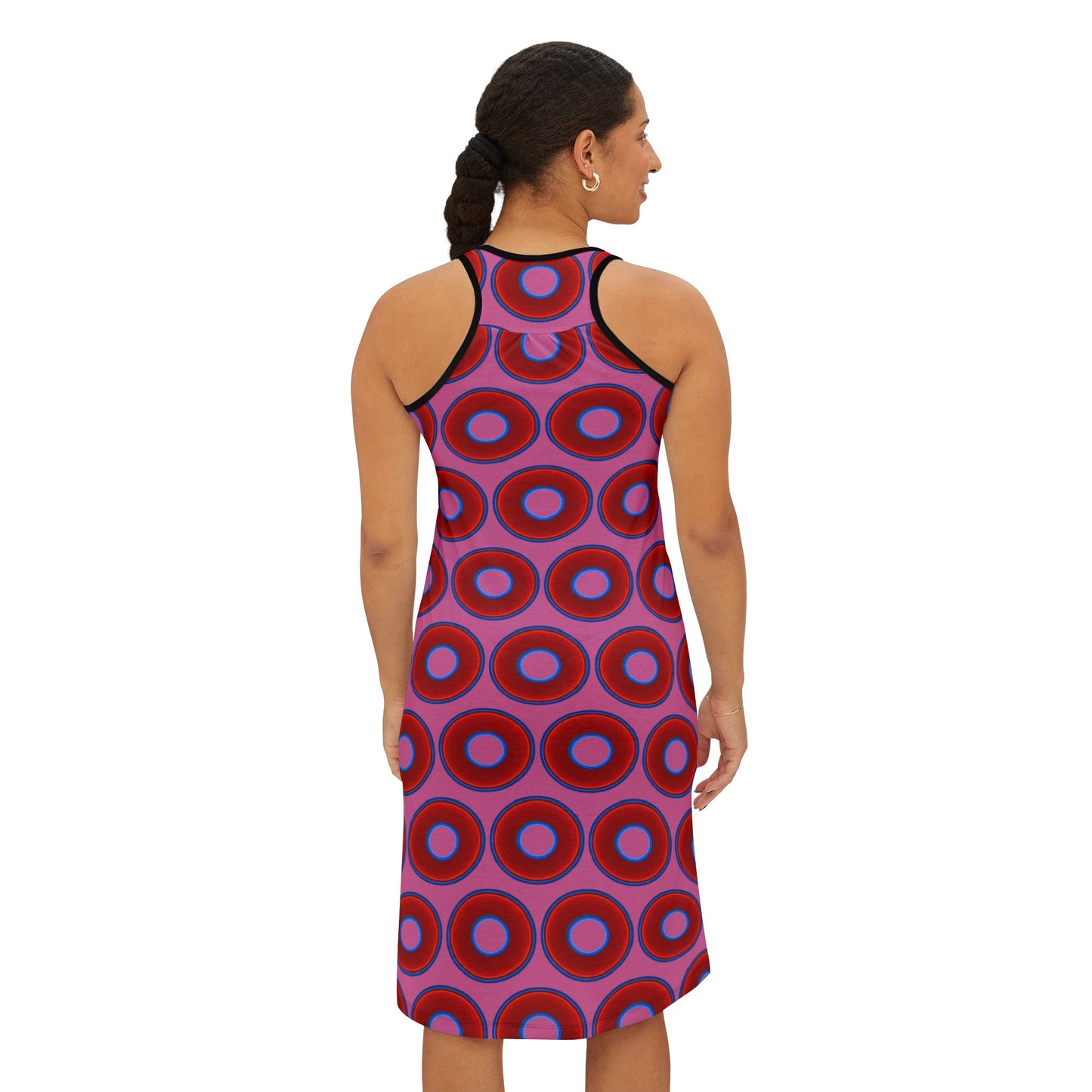 Tela's Lumpy Racerback Donut Dress - red vivid donut print w/pink background