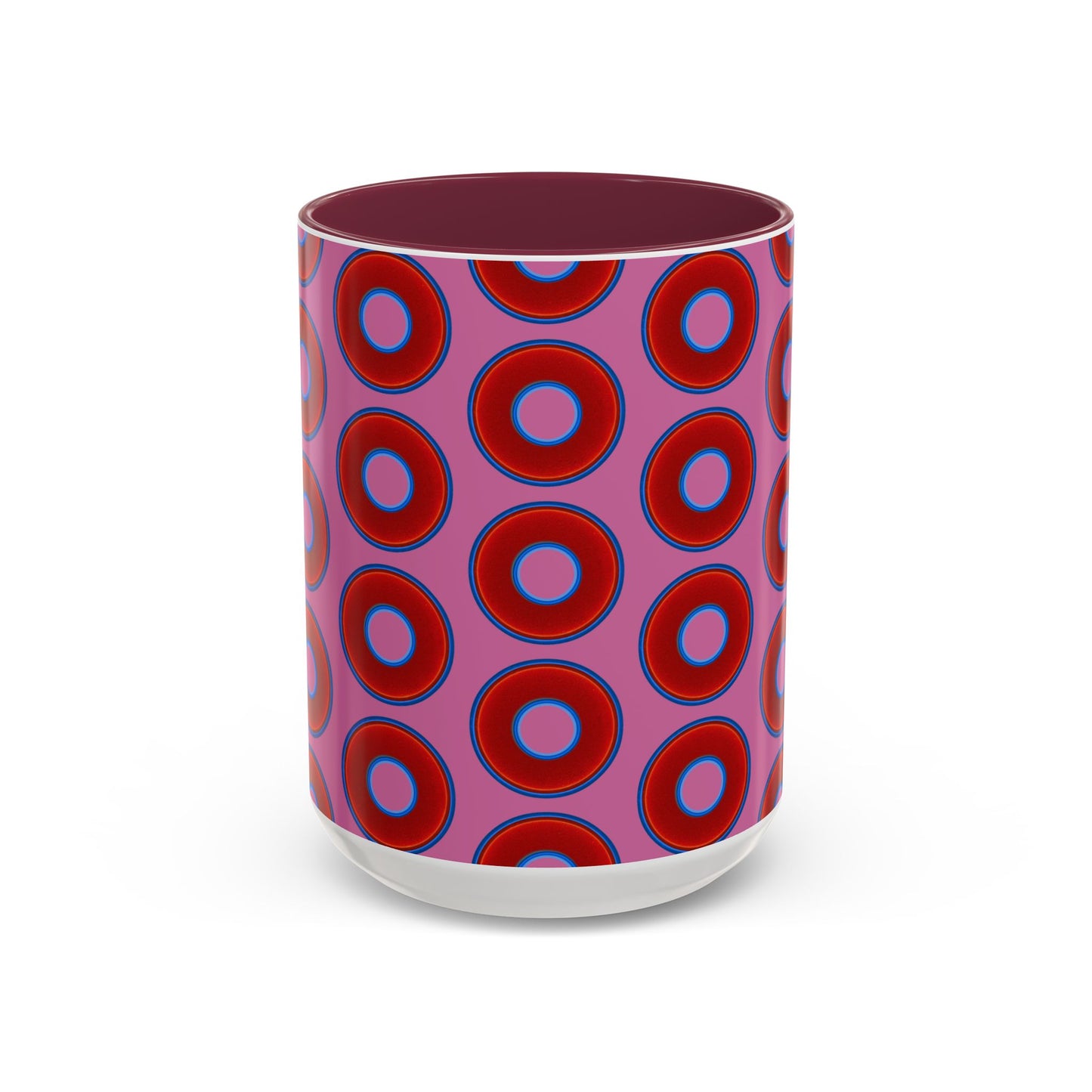 Lump's Grumpy Coffee Mug - vivid red donuts w/pink background