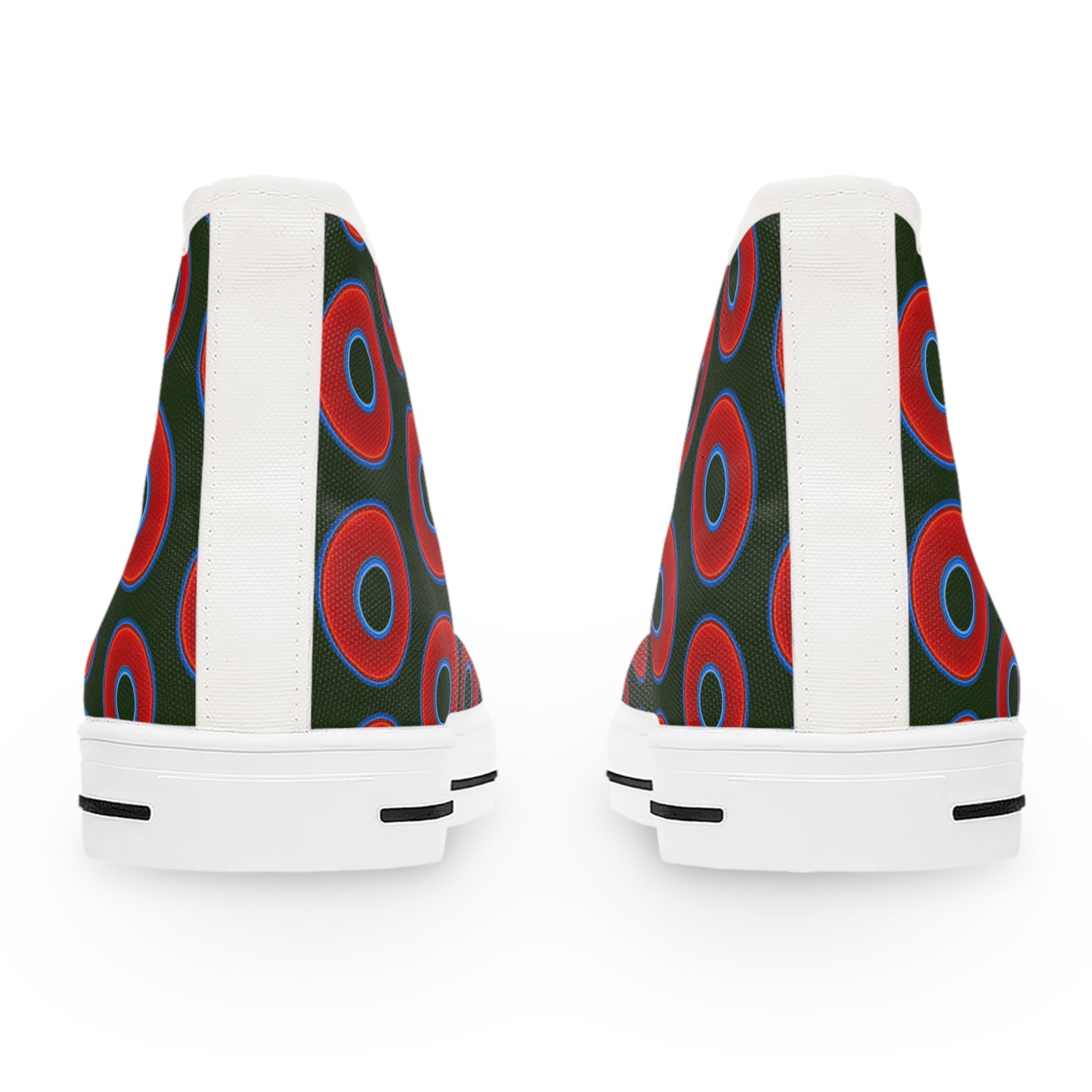Women's High Top Chuck Taylors - large vivid red donut print w/deep forest green