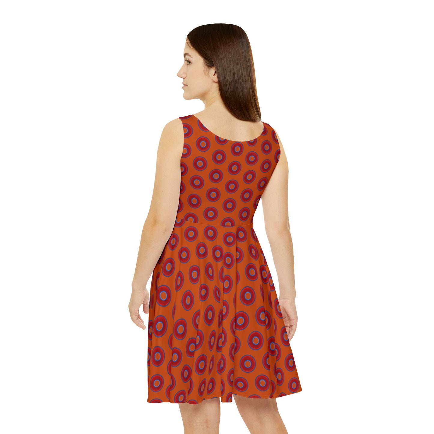 Women's Skater Donut Dress - vivid red donut print w/dark orange background