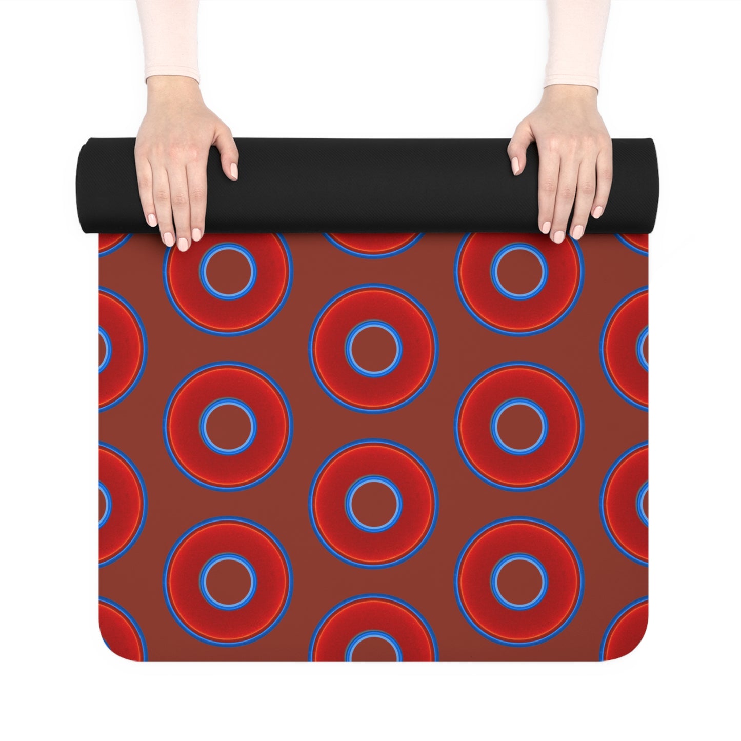 Lumpy Donut Yoga Mat :) - 24″ x 70" - vivid red donut print w/burnt umber background