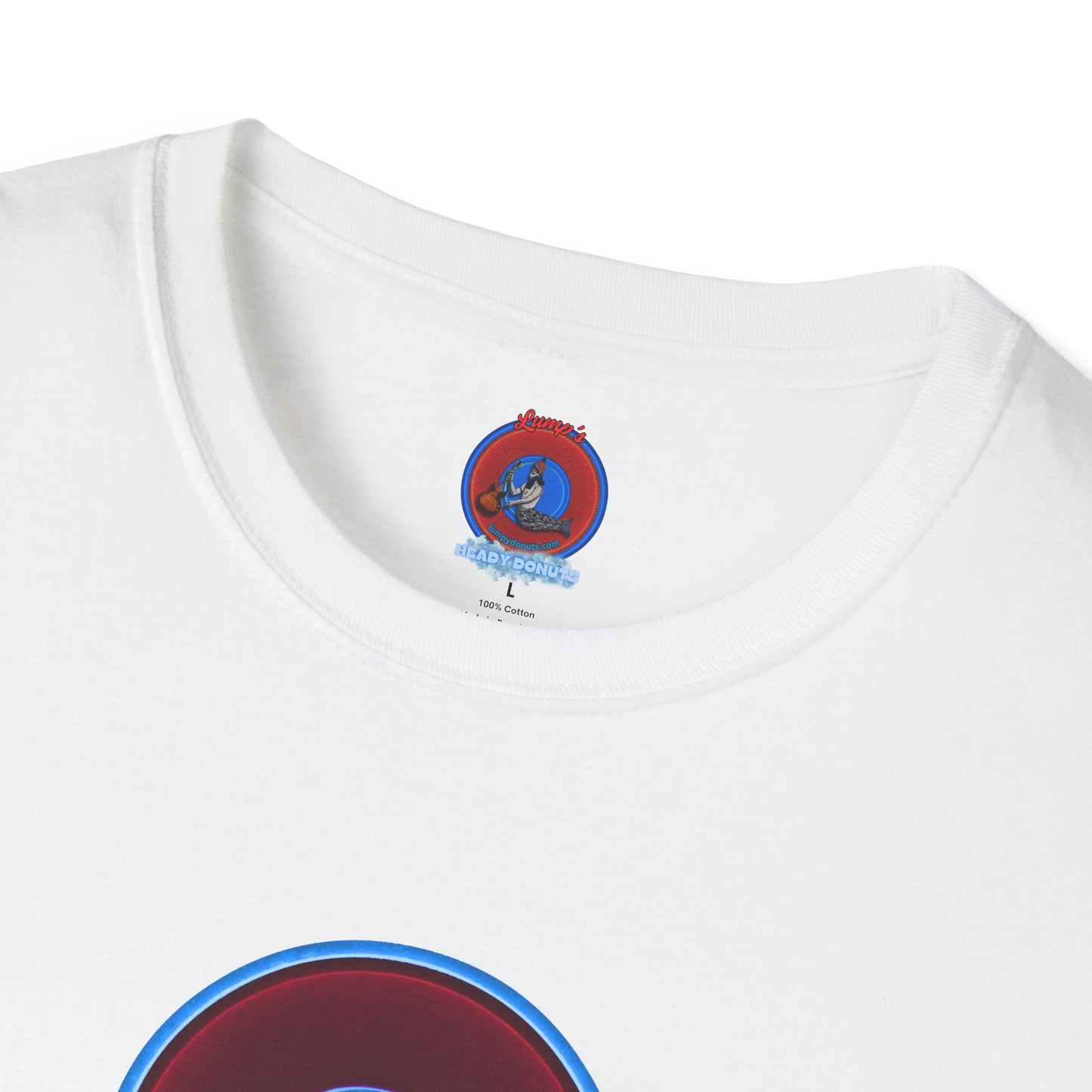 Classic Donut Tee - Unisex Soft-Style - "Brotherly Donuts Jawn" - vivid dark purple-red/light blue donut