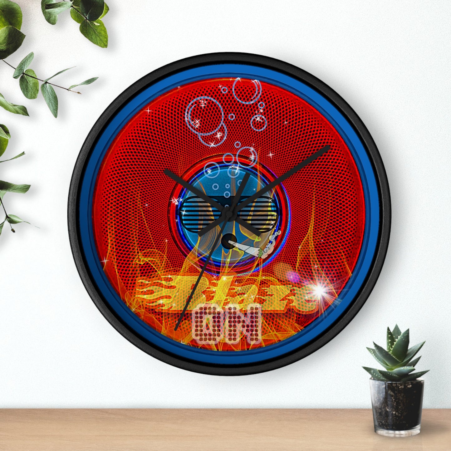 Lumpy Wall Clock - "Blazed Donut Clock" - red phatty donut w/dark royal blue background