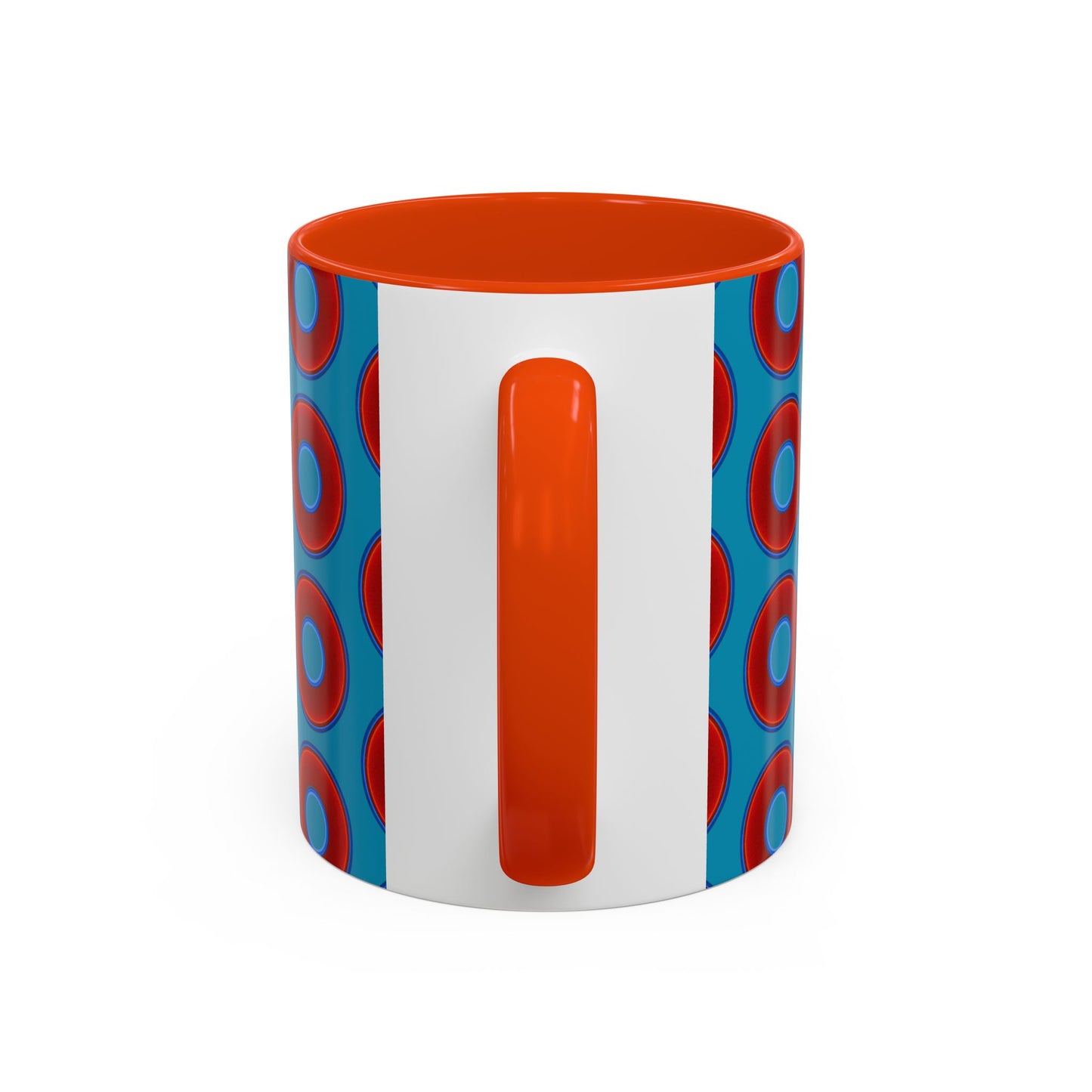 Lump's Grumpy Coffee Mug - vivid red donuts w/aquamarine blue background