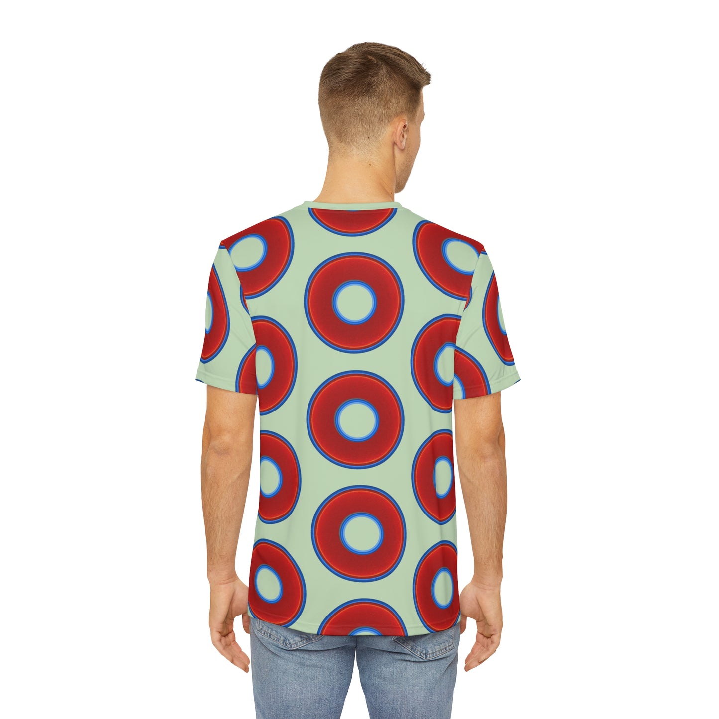 Multi-Beastie Giant Donut AOP Polyester Tee - red vivid donut print w/seafoam background