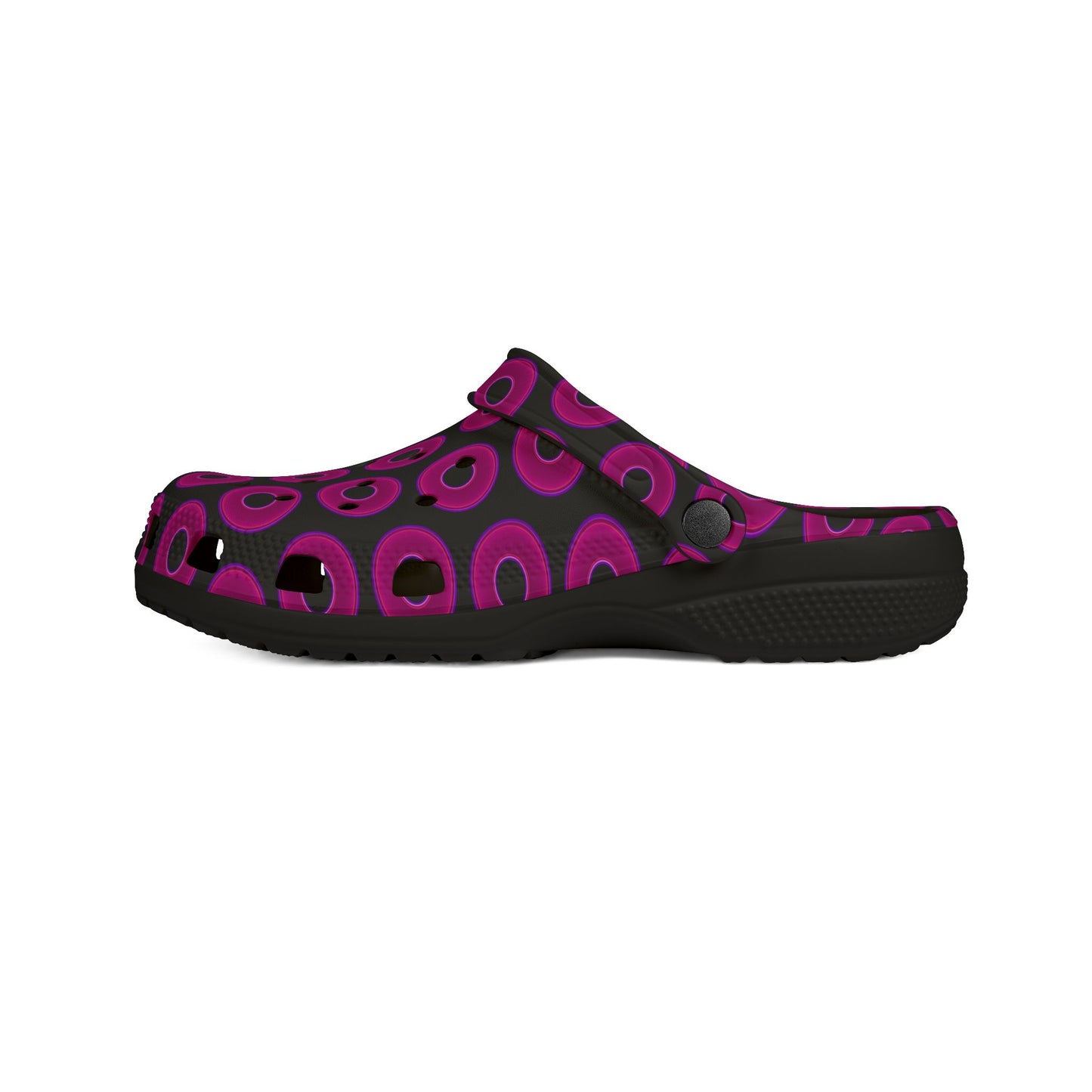 Spatchcocks - donut slip-on shoes - vivid magenta donuts w/black background [unisex]