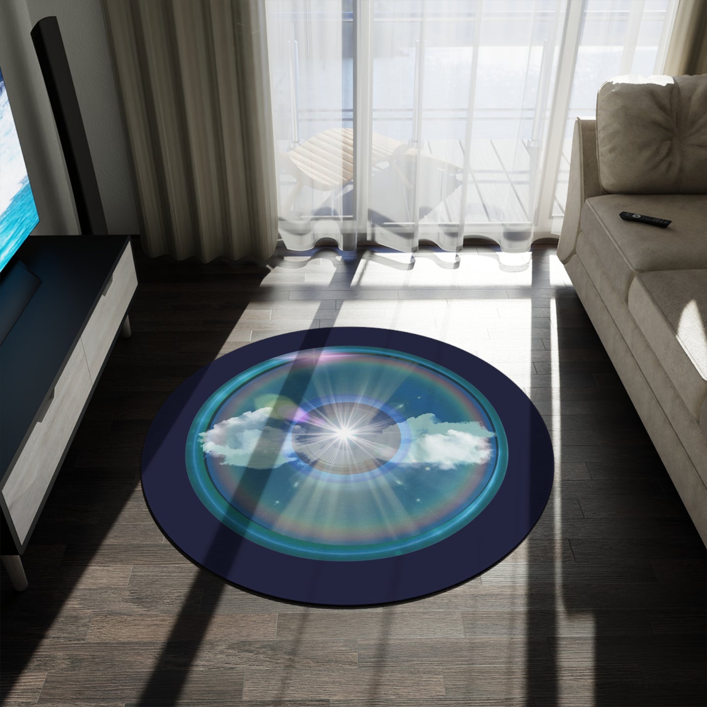 Round Room - 5 ft x 5 ft Lumpy Donut Rug - "The Divided Donut Rug" - vivid sky donut w/black background - variant 1 - [*Charitable Donut]