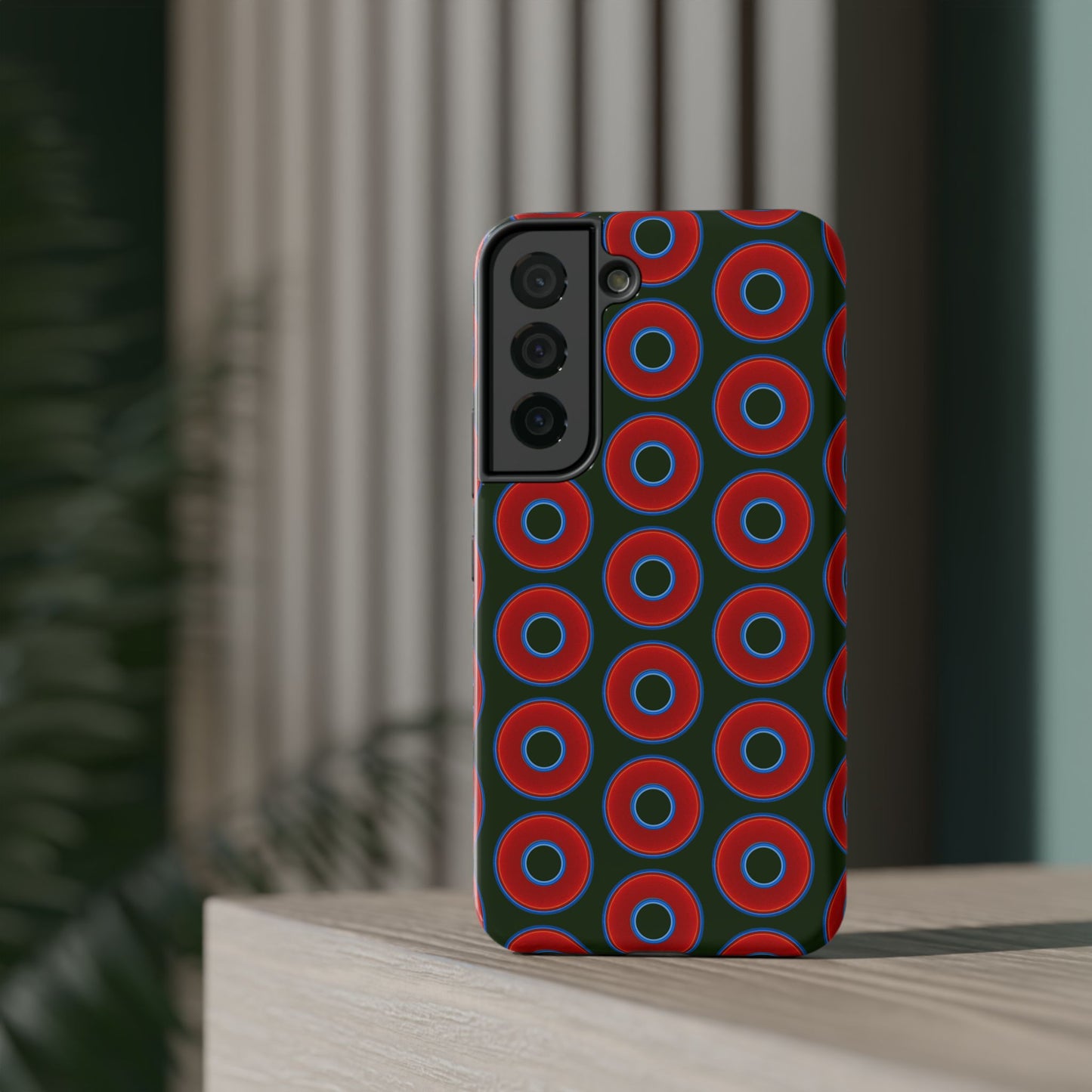 Impact-Resistant Lumpy Donut Case - red vivid donut print w/deep forest green background