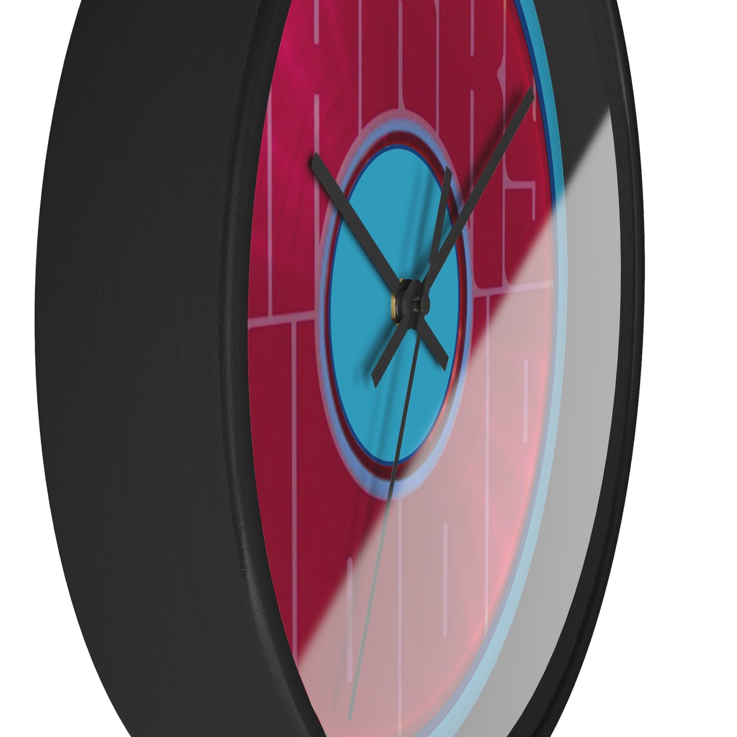 Lumpy Wall Clock - "Harry's Unofficial Donut Clock" - variant 1 - vivid magenta/purple word donut w/turquoise background