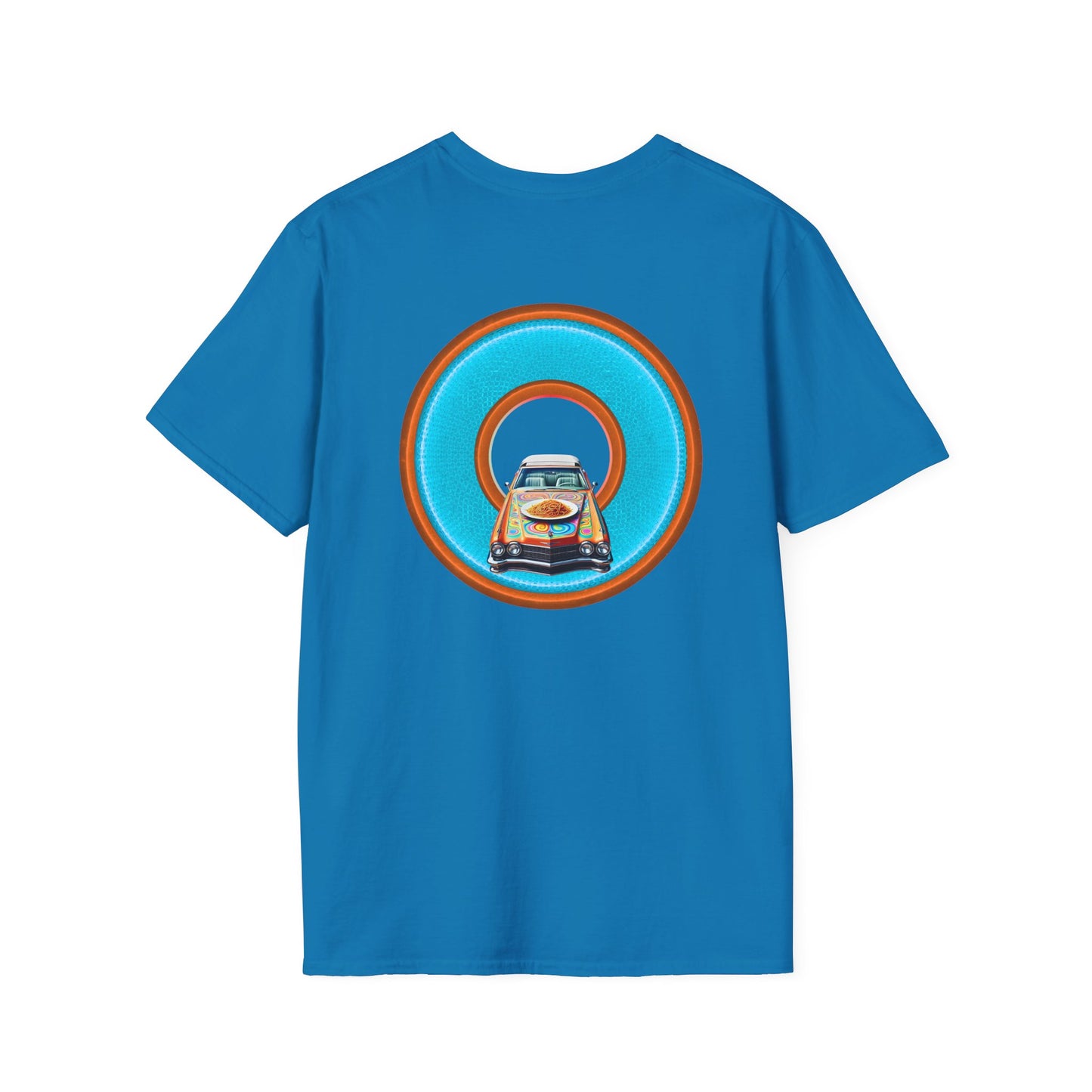 Classic Donut Tee - Unisex Soft-Style - "Cadillac Rainbow Spaghetti Incident" - series 1.0  - variant 2 - blue/orange donut