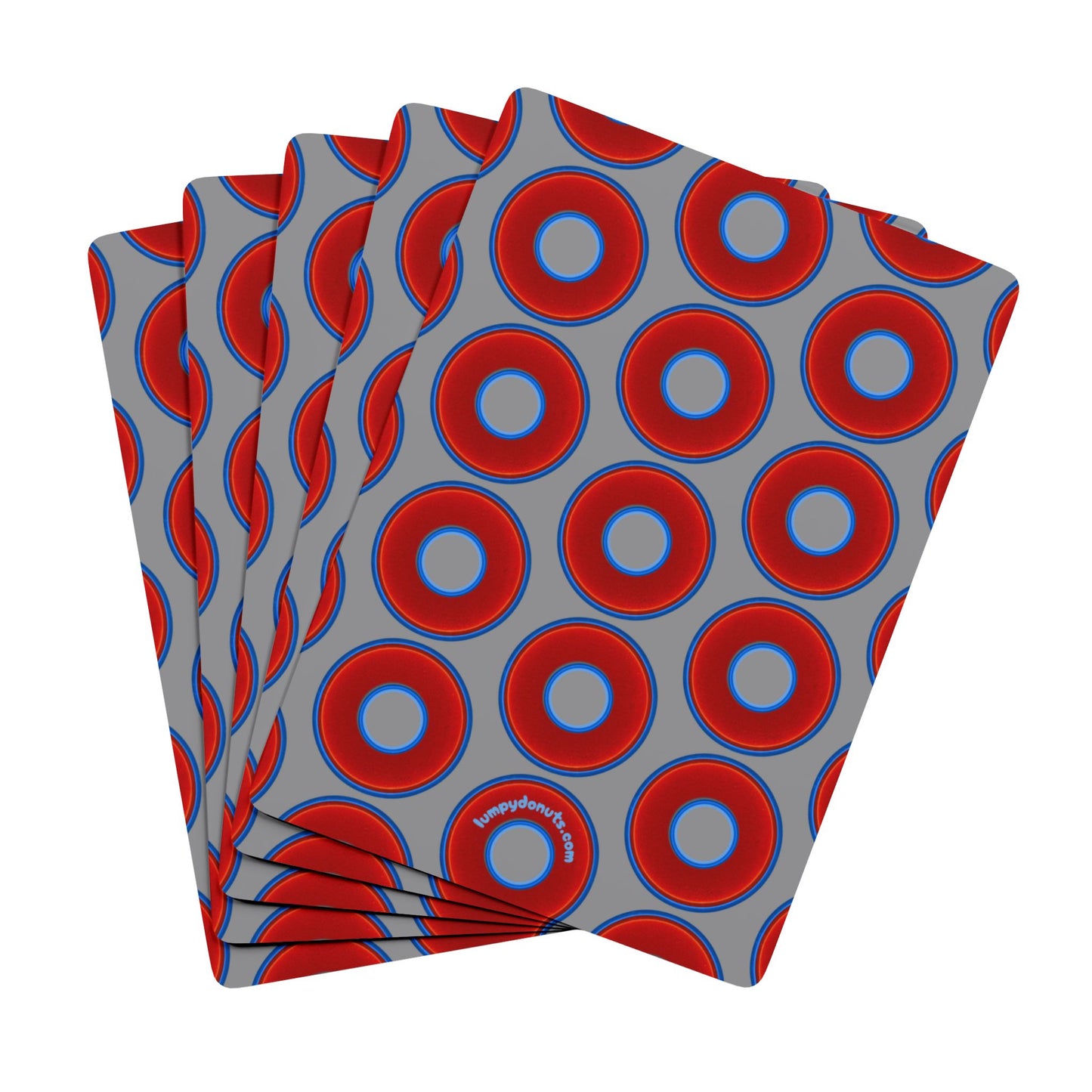 Lumpy Donut Playing Decks - 52-cards - red vivid donuts w/medium gray background