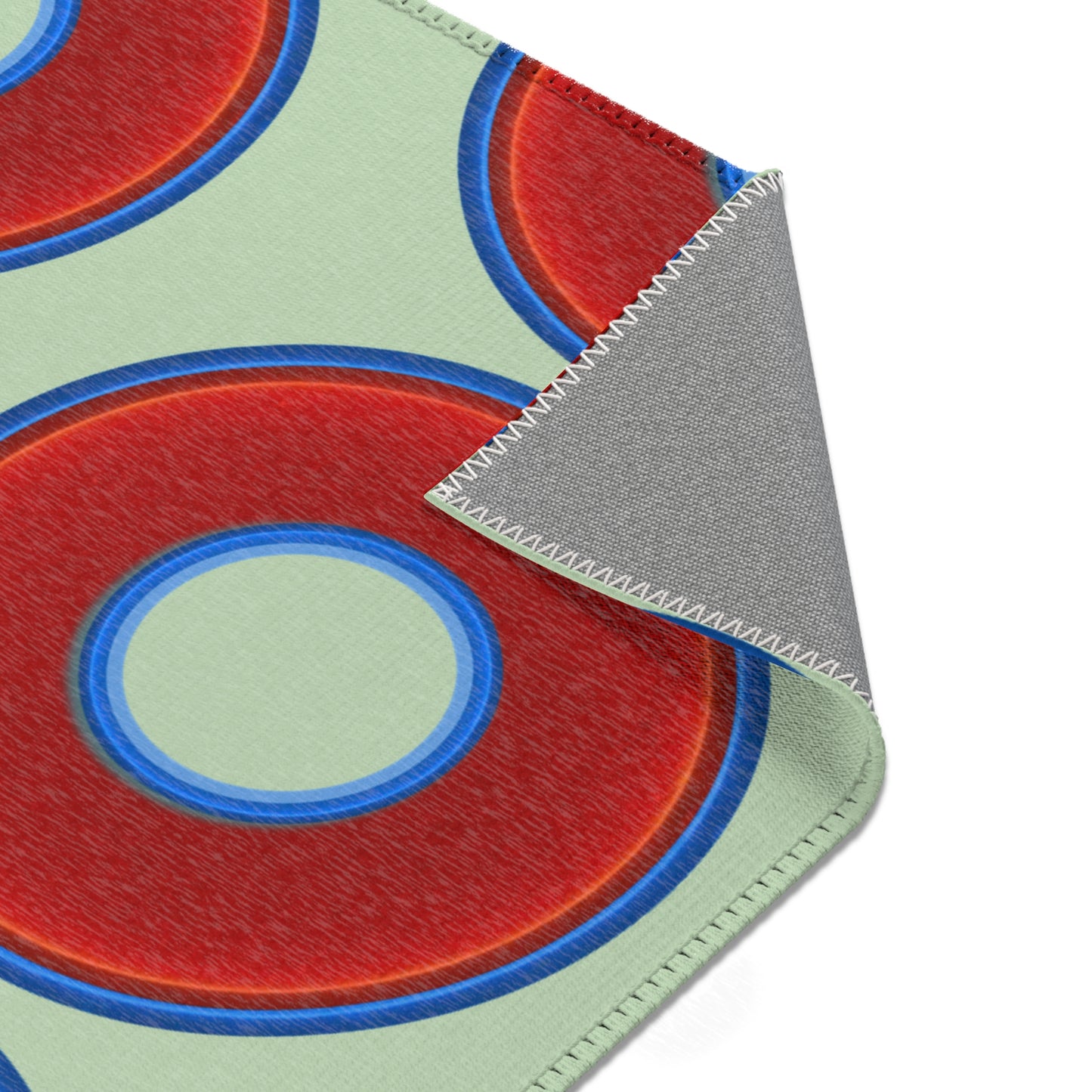 Lumpy Donut Print Rug - choice of 3 sizes - vivid red donut print w/seafoam background