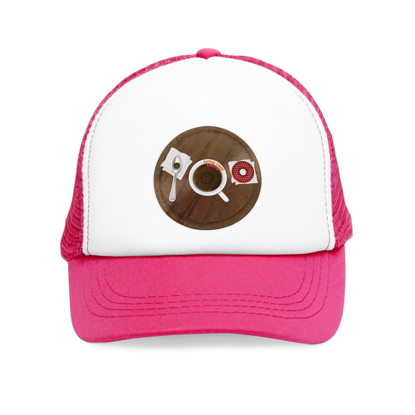 Lumpy Trucker Hat - "Donuts to Start Your Day" - wooden table/coffee cup - donuts in plain sight