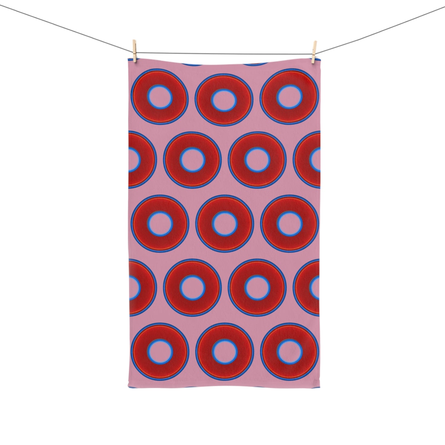 Lumpy Kitchen/Hand Towels - vivid red donuts w/pale magenta background