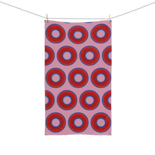 Lumpy Kitchen/Hand Towels - vivid red donuts w/pale magenta background