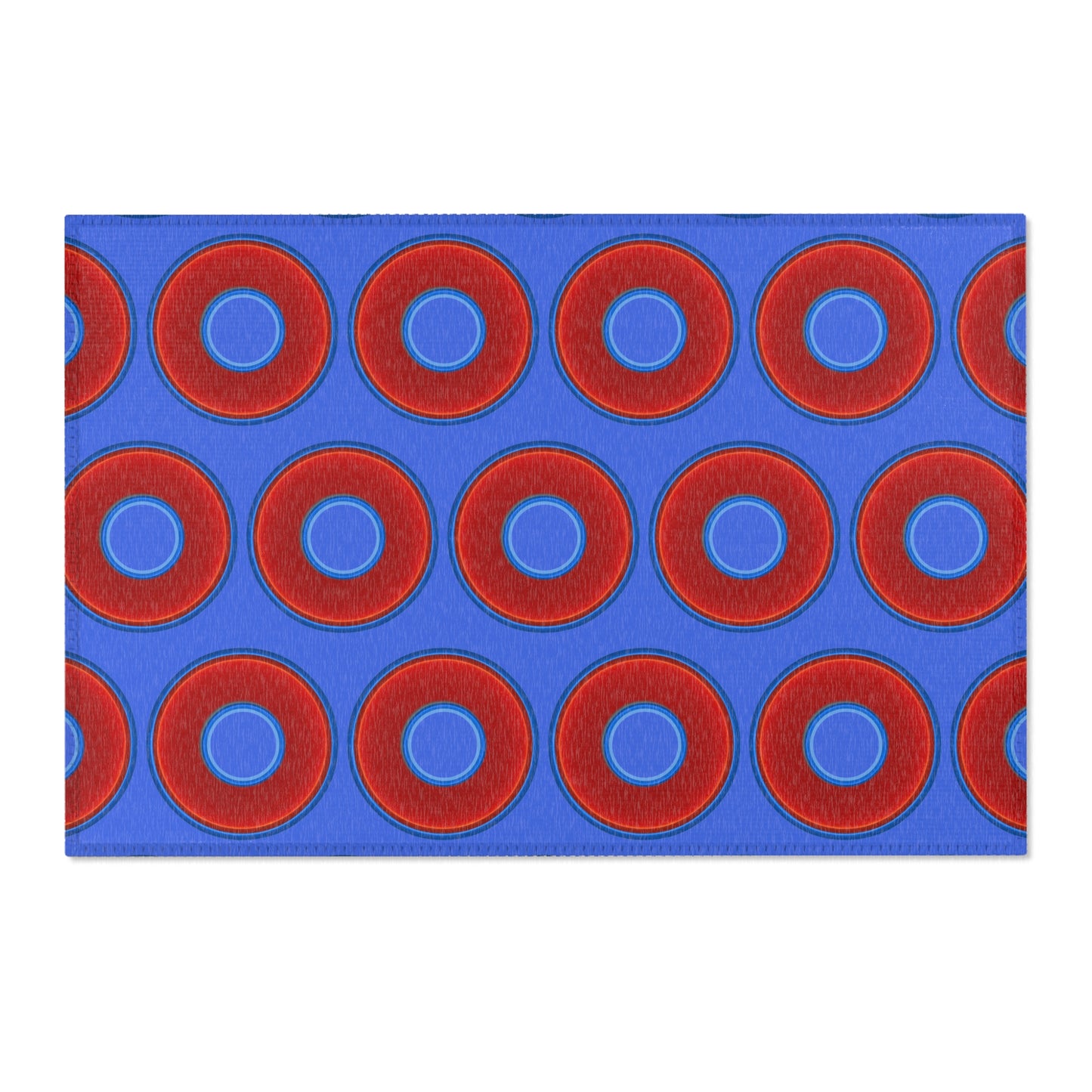 Lumpy Donut Print Rug - choice of 3 sizes - vivid red donut print w/royal blue background