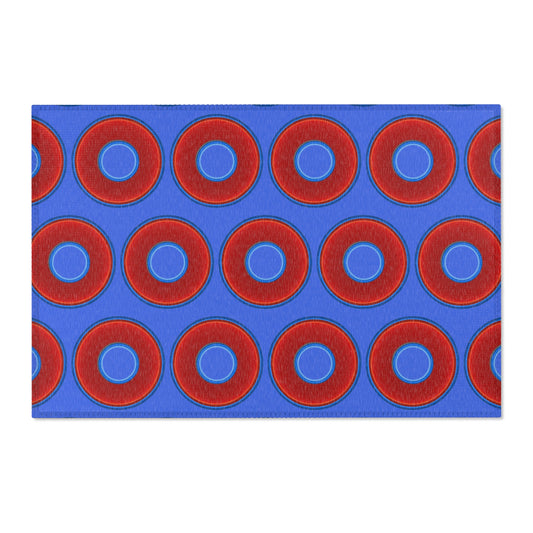 Lumpy Donut Print Rug - choice of 3 sizes - vivid red donut print w/royal blue background